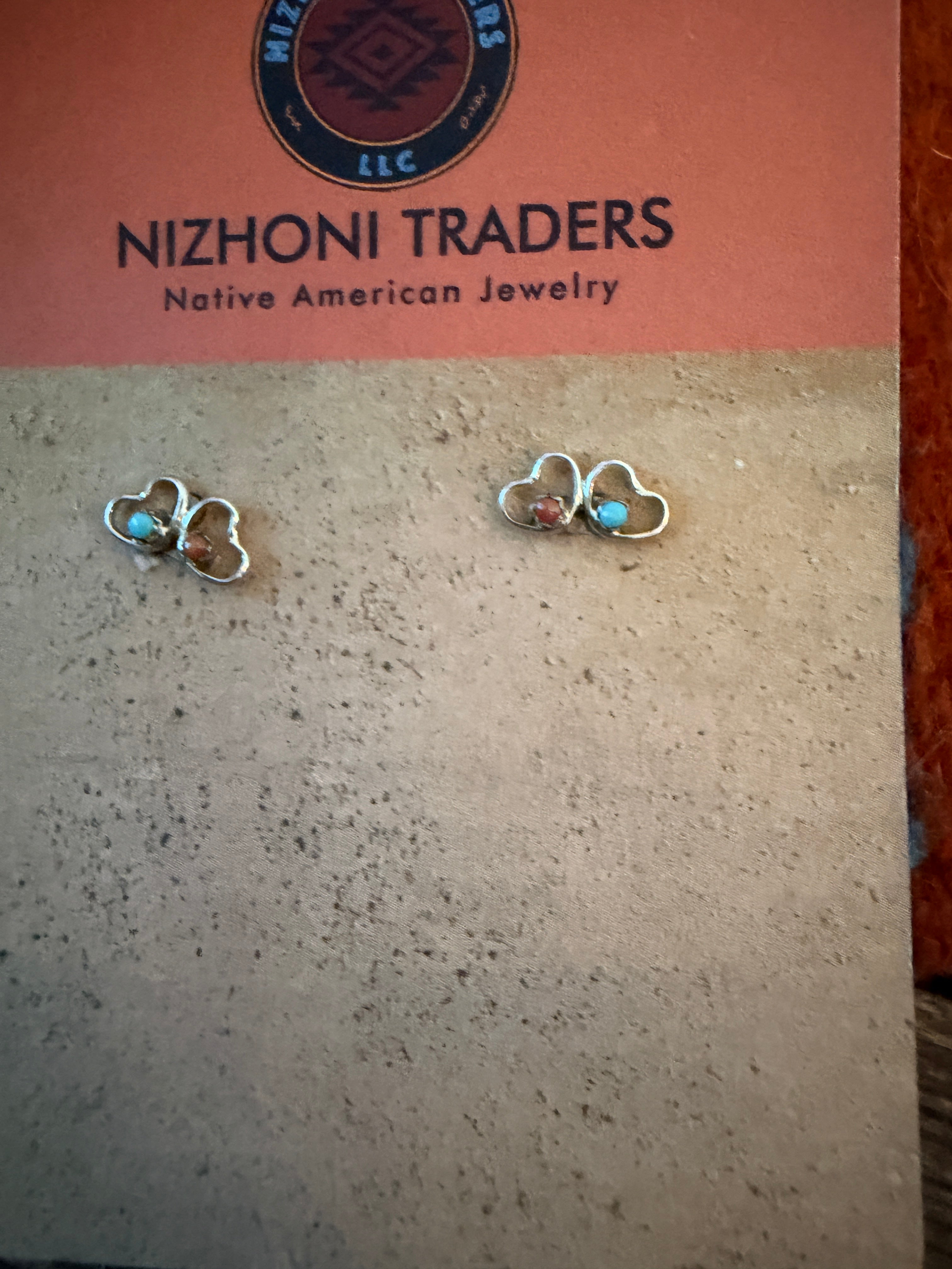 Handcrafted Turquoise, Coral & Sterling Silver Heart Stud Earrings