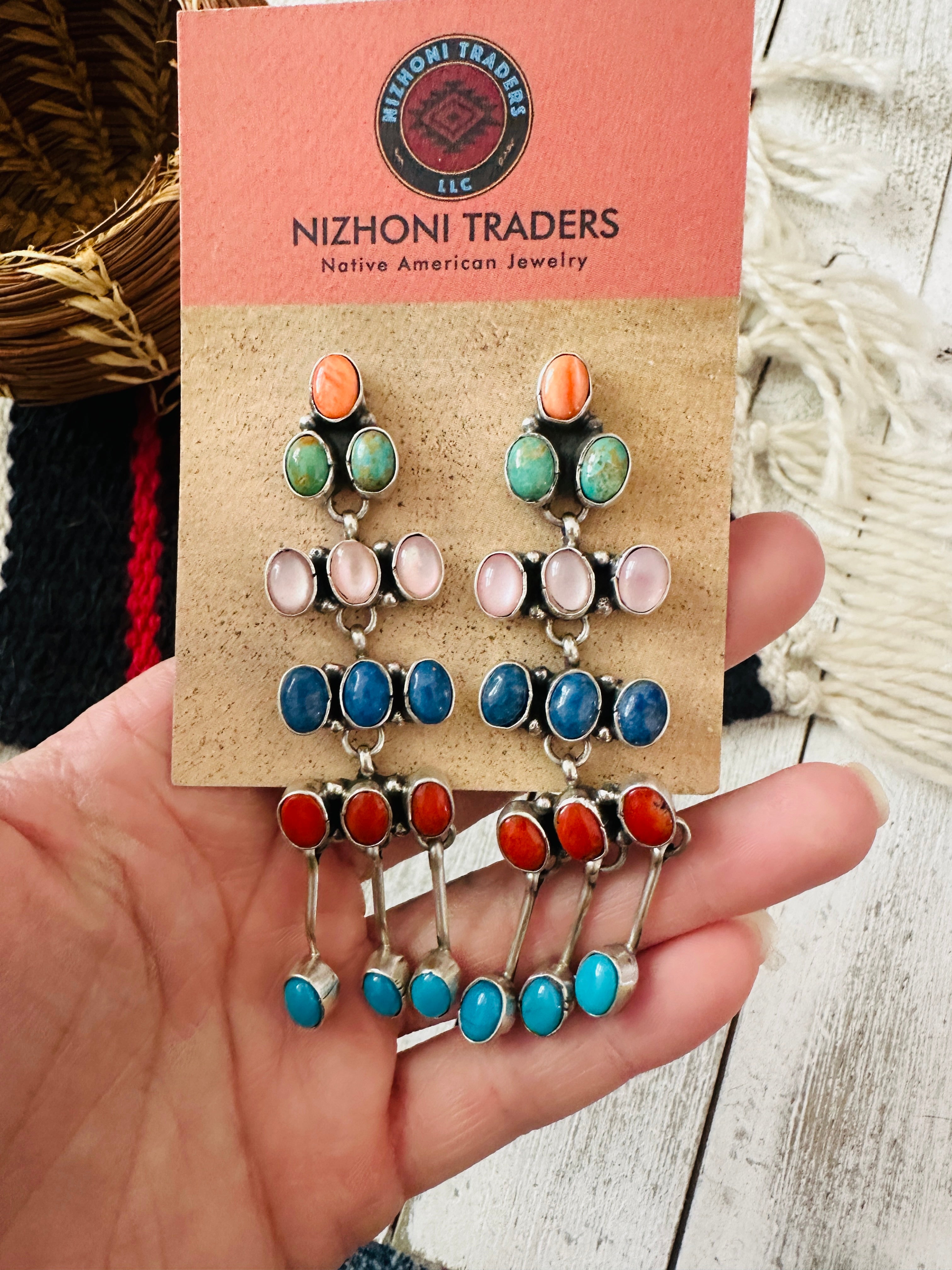 Navajo Multi Stone & Sterling Silver Chandelier Dangle Earrings