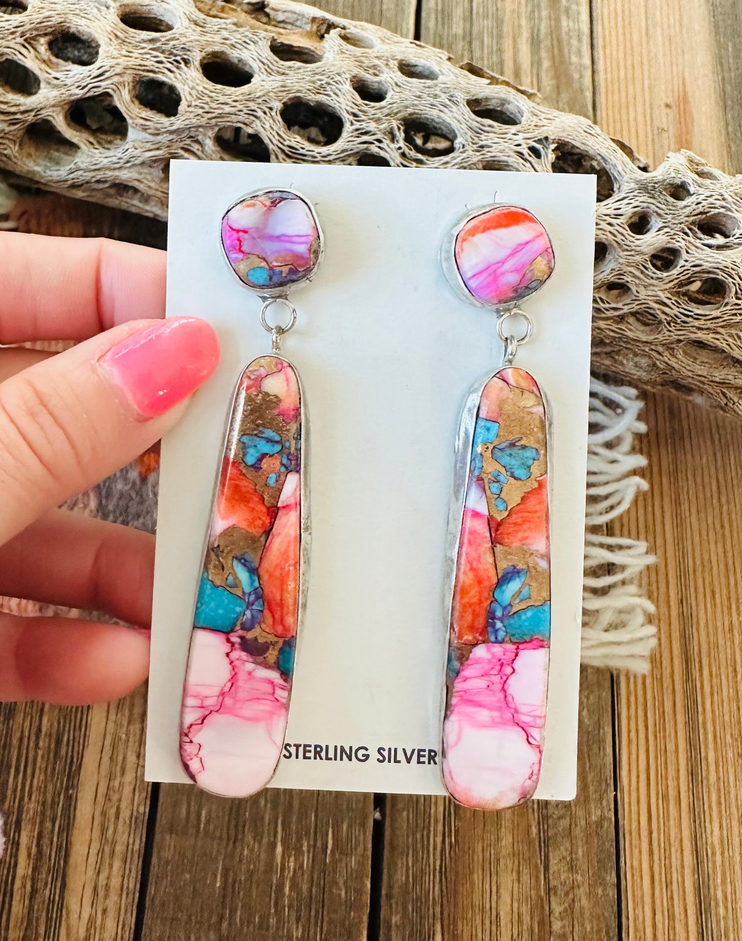 Navajo Sterling Silver & Pink Dream Mojave Dangle Earrings