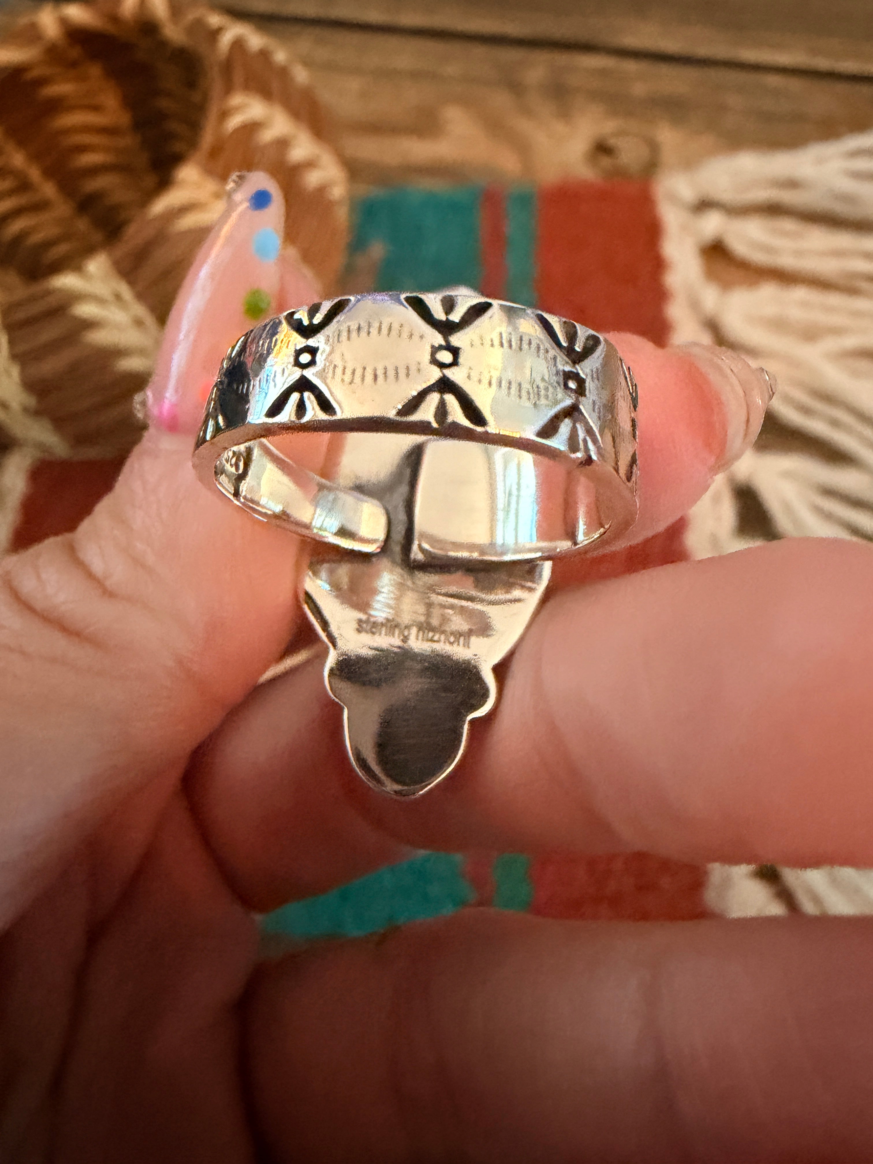 Handmade Sterling Silver Number 8 Turquoise Adjustable Ring Signed Nizhoni