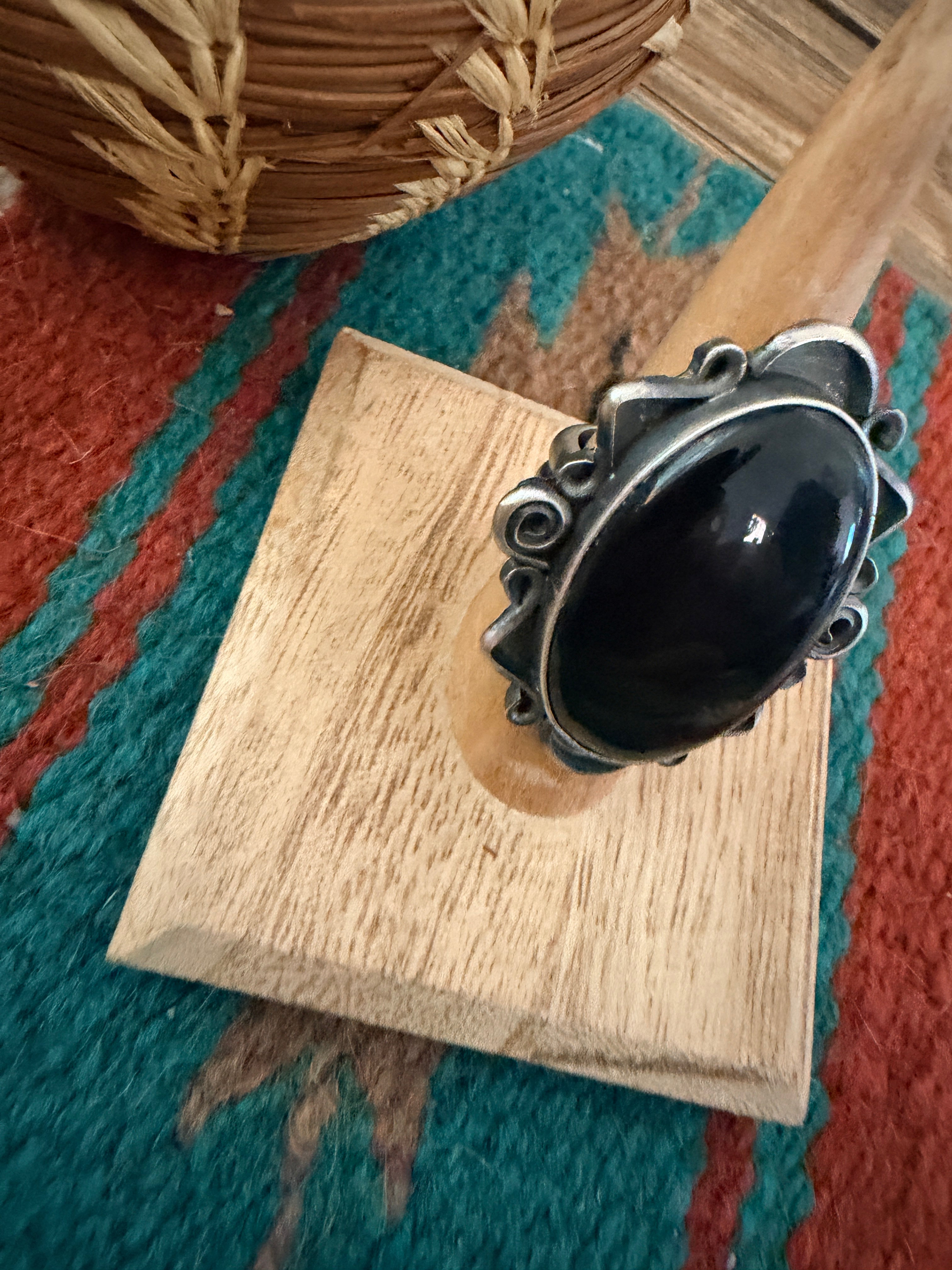 Handcrafted Black Onyx & Sterling Silver Ring Size 6.75