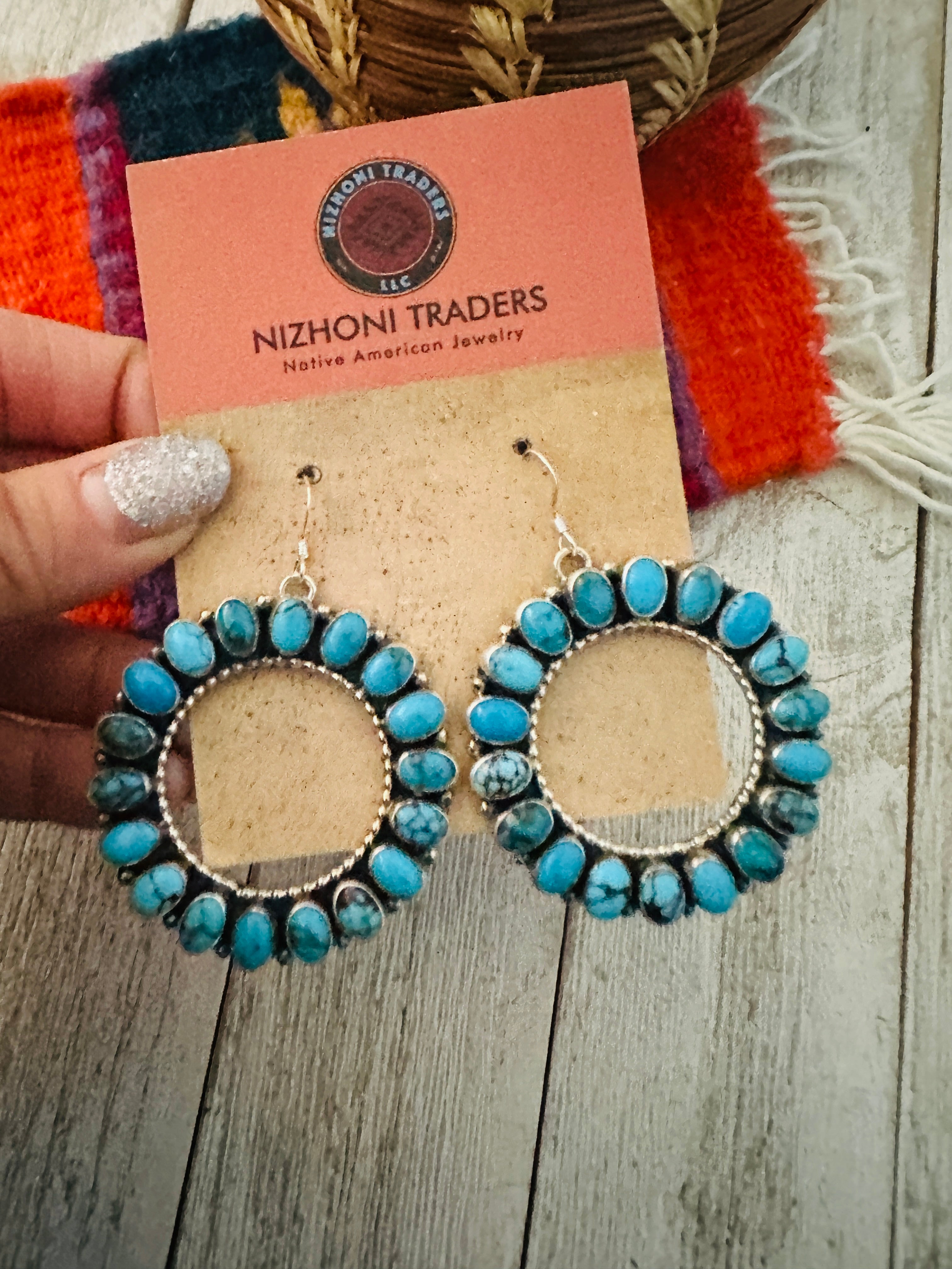 Navajo Sterling Silver & Turquoise Cluster Dangle Hoop Earrings