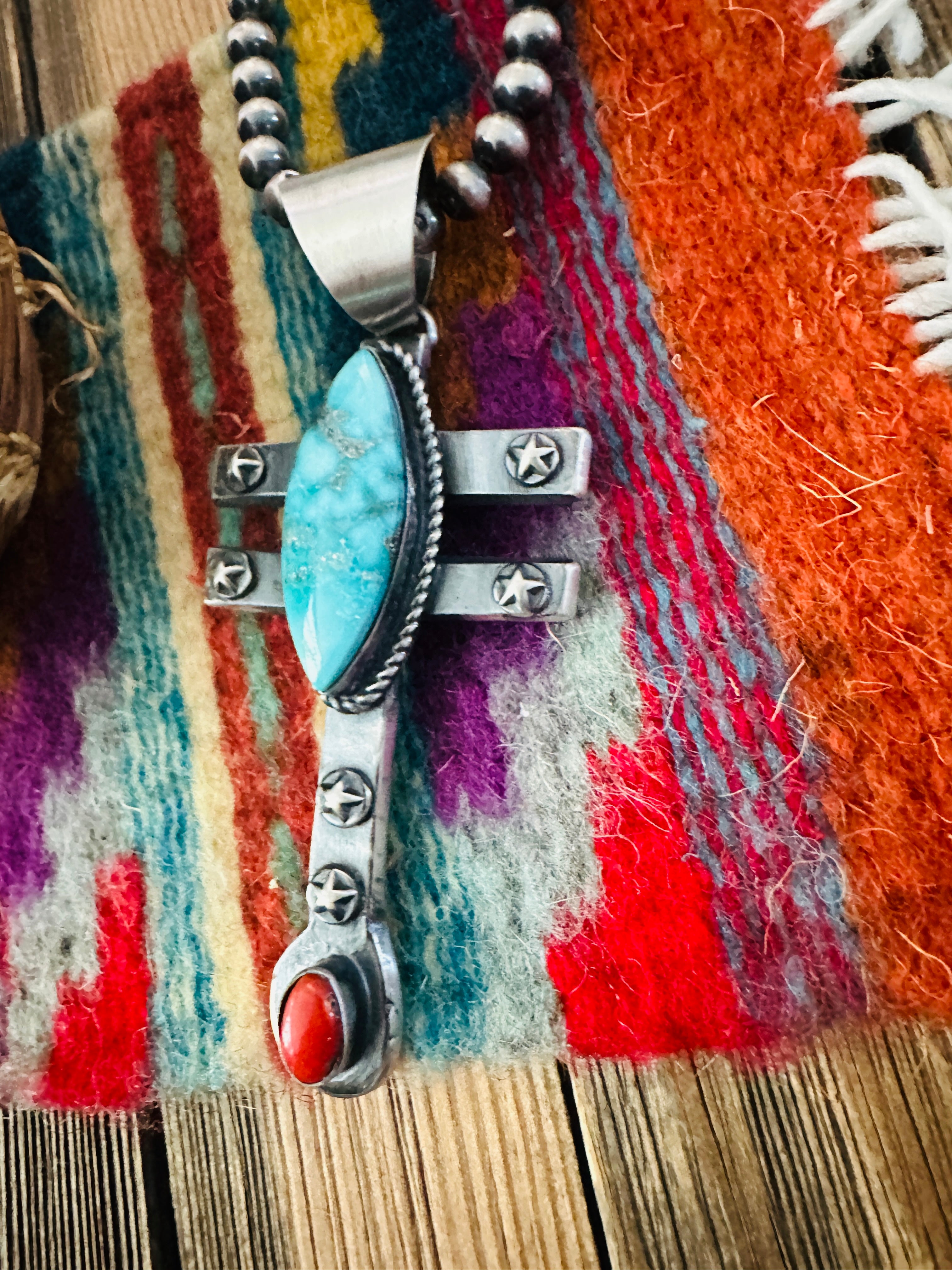 Handcrafted Sterling Silver, Turquoise & Coral Dragonfly Pendant by Chimney Butte