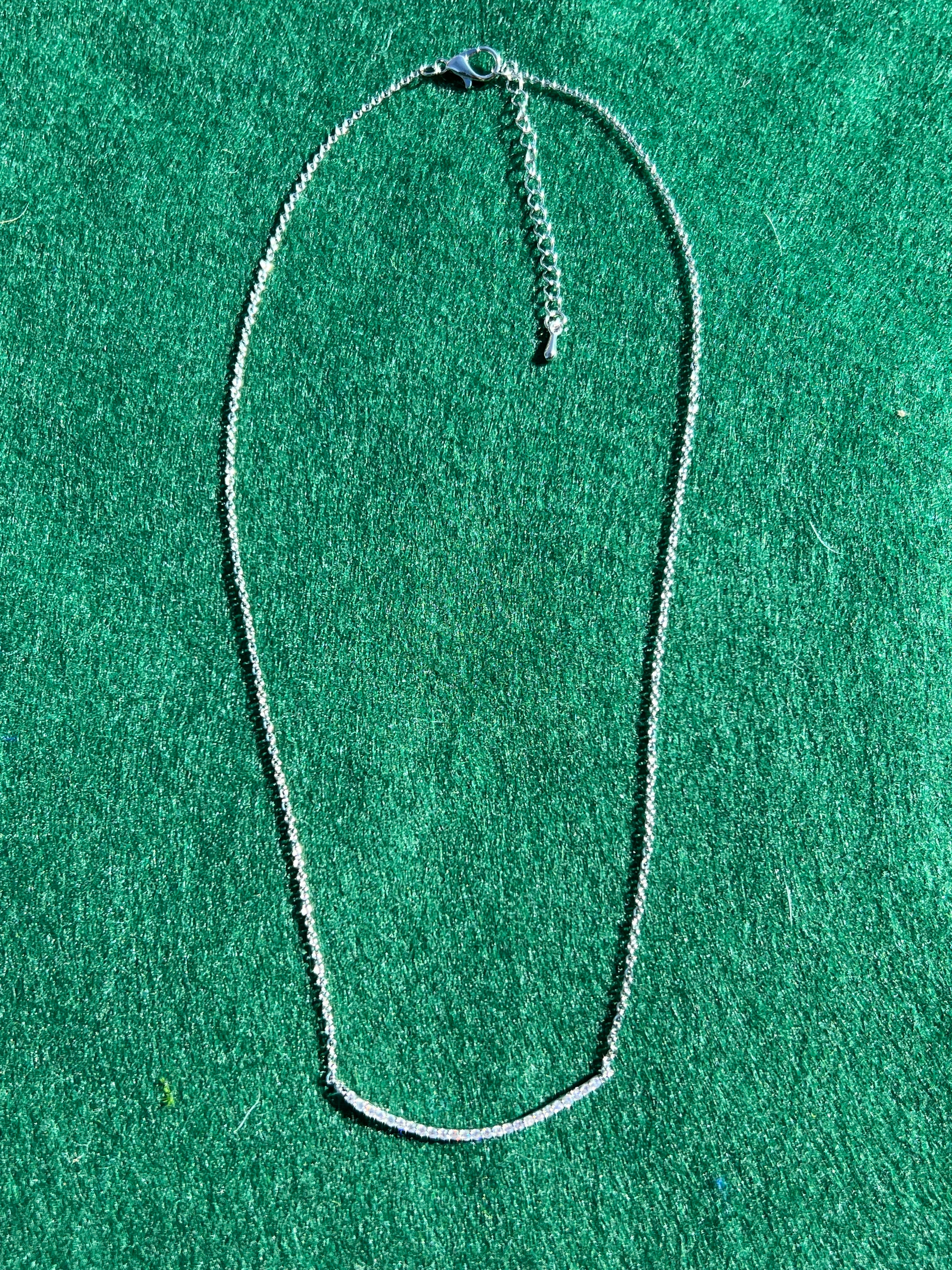 Silver Plated CZ Bar Smile Pendant Chain Necklace