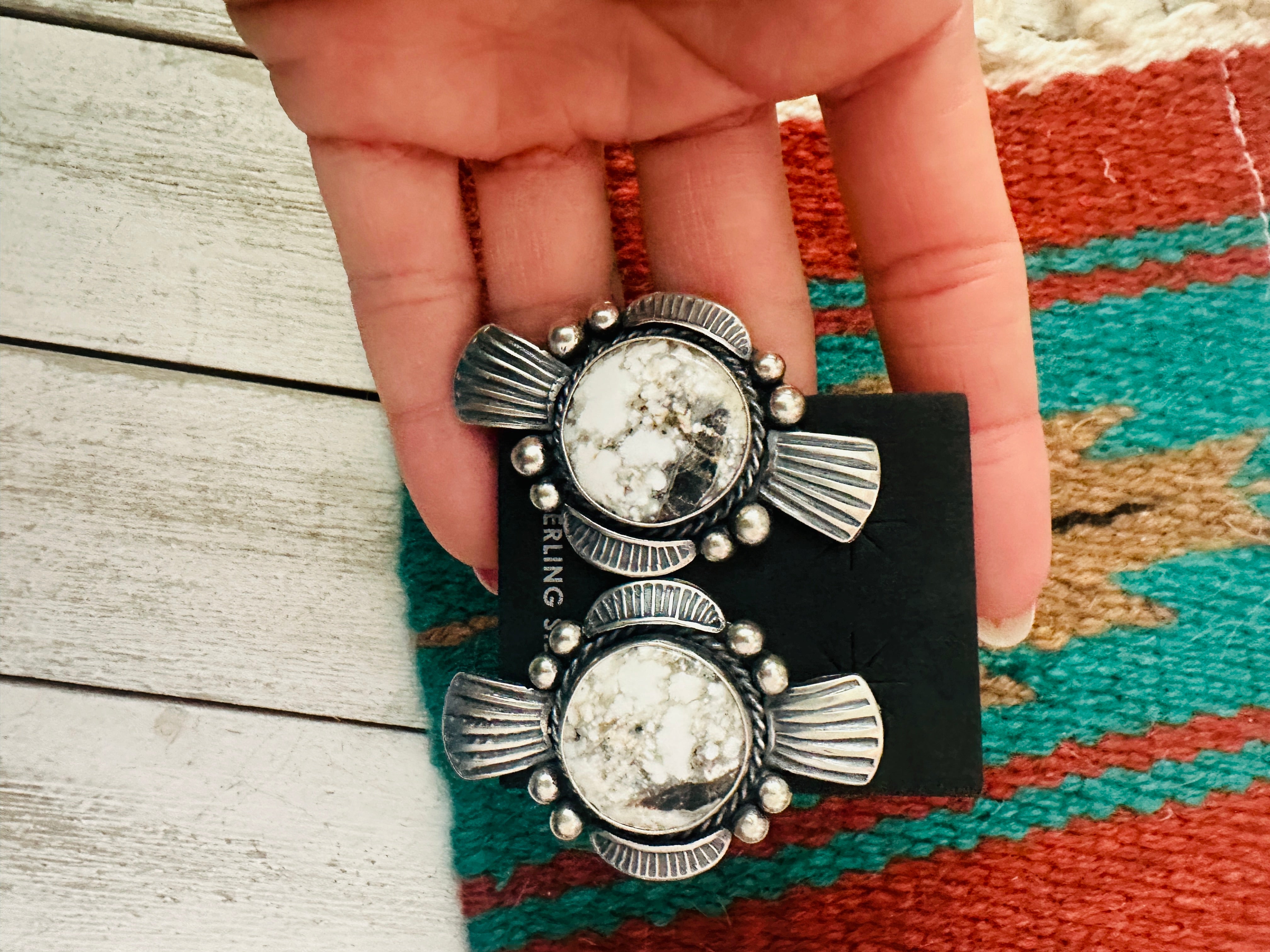 Navajo White Buffalo & Sterling Silver Post Earrings