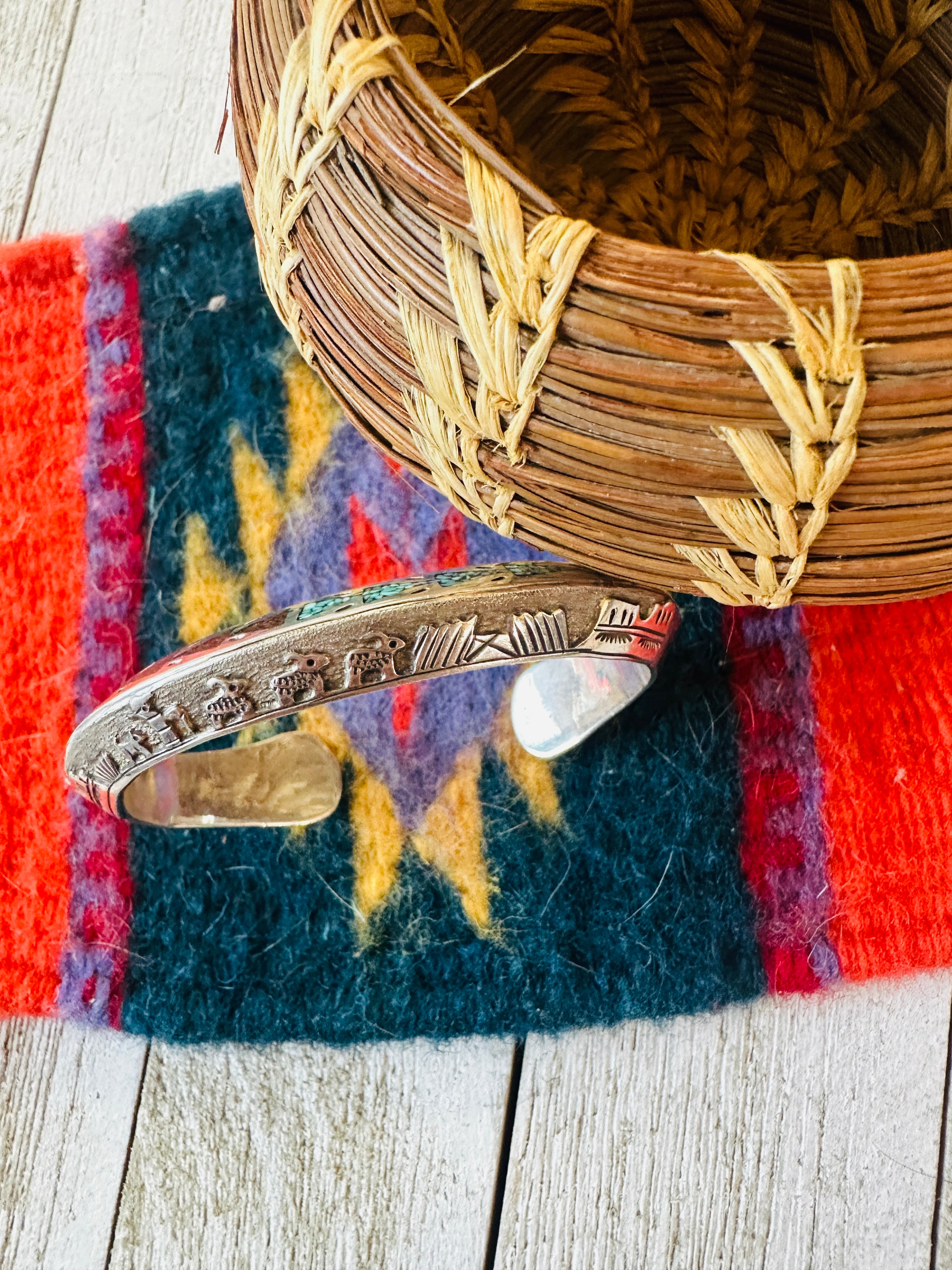 Old Pawn Navajo Sterling Silver, Coral & Turquoise Cuff Bracelet