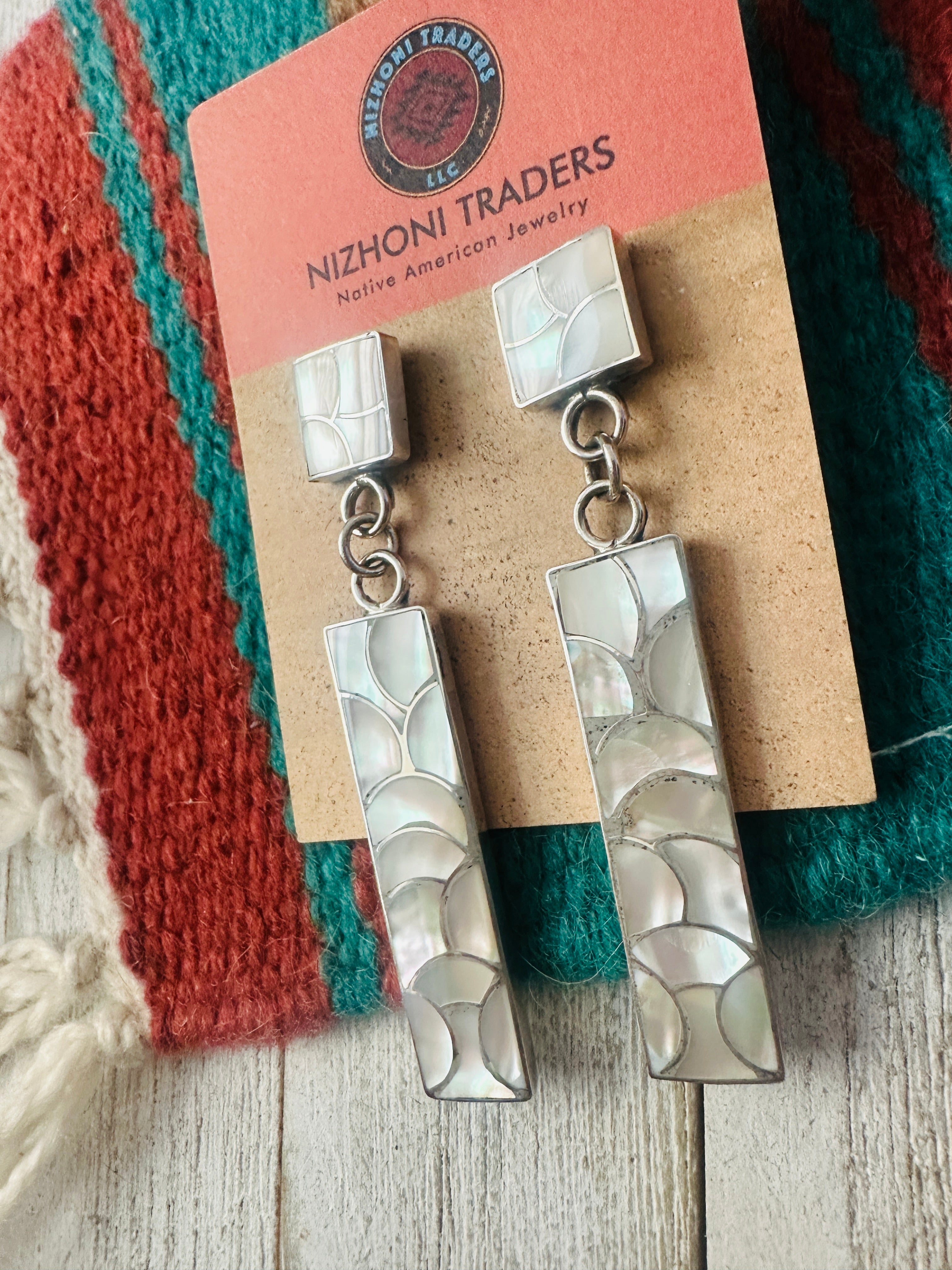 Zuni Sterling Silver & Mother of Pearl Inlay Dangle Earrings