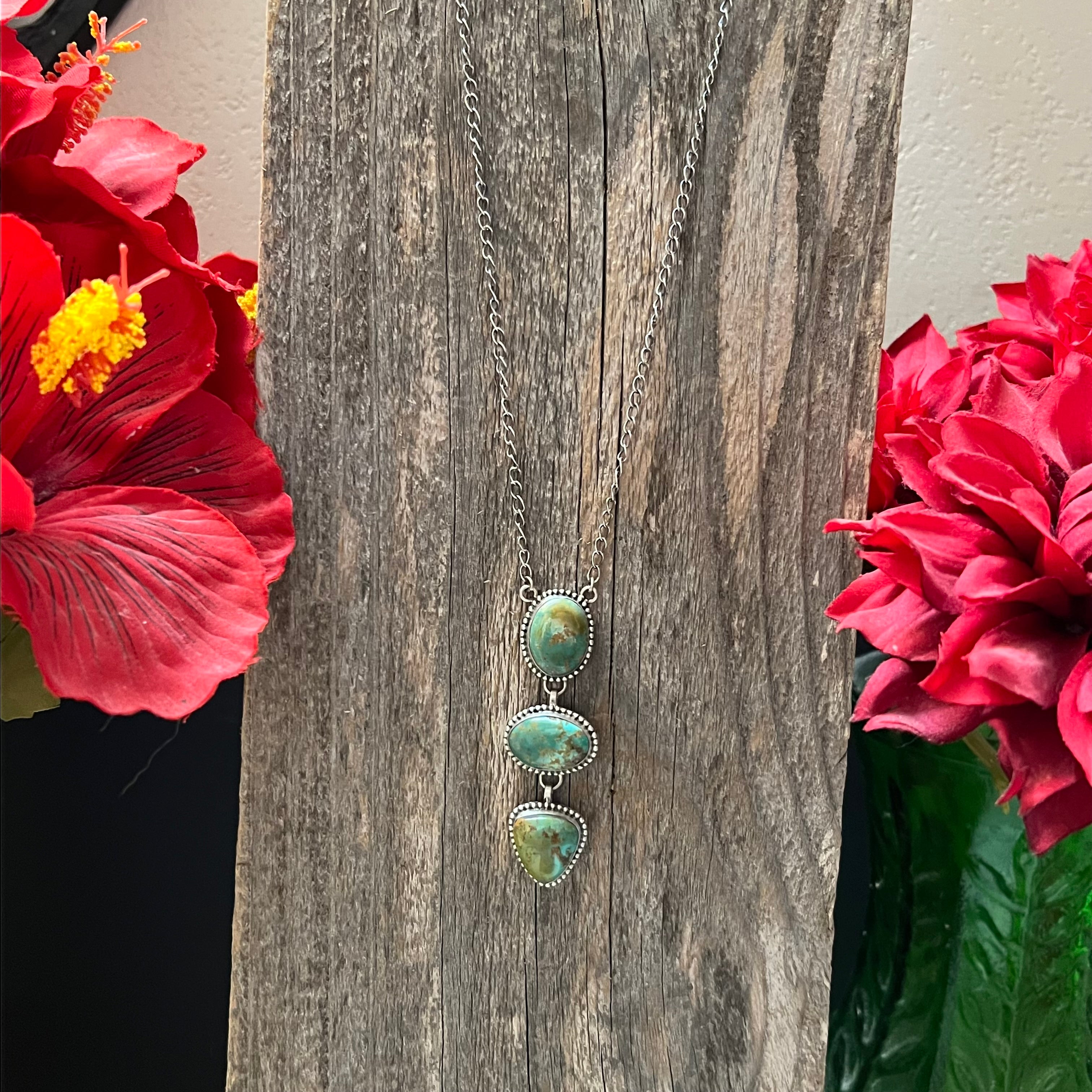 Handmade 3 Stone Turquoise & Sterling Silver Drop Necklace (08)