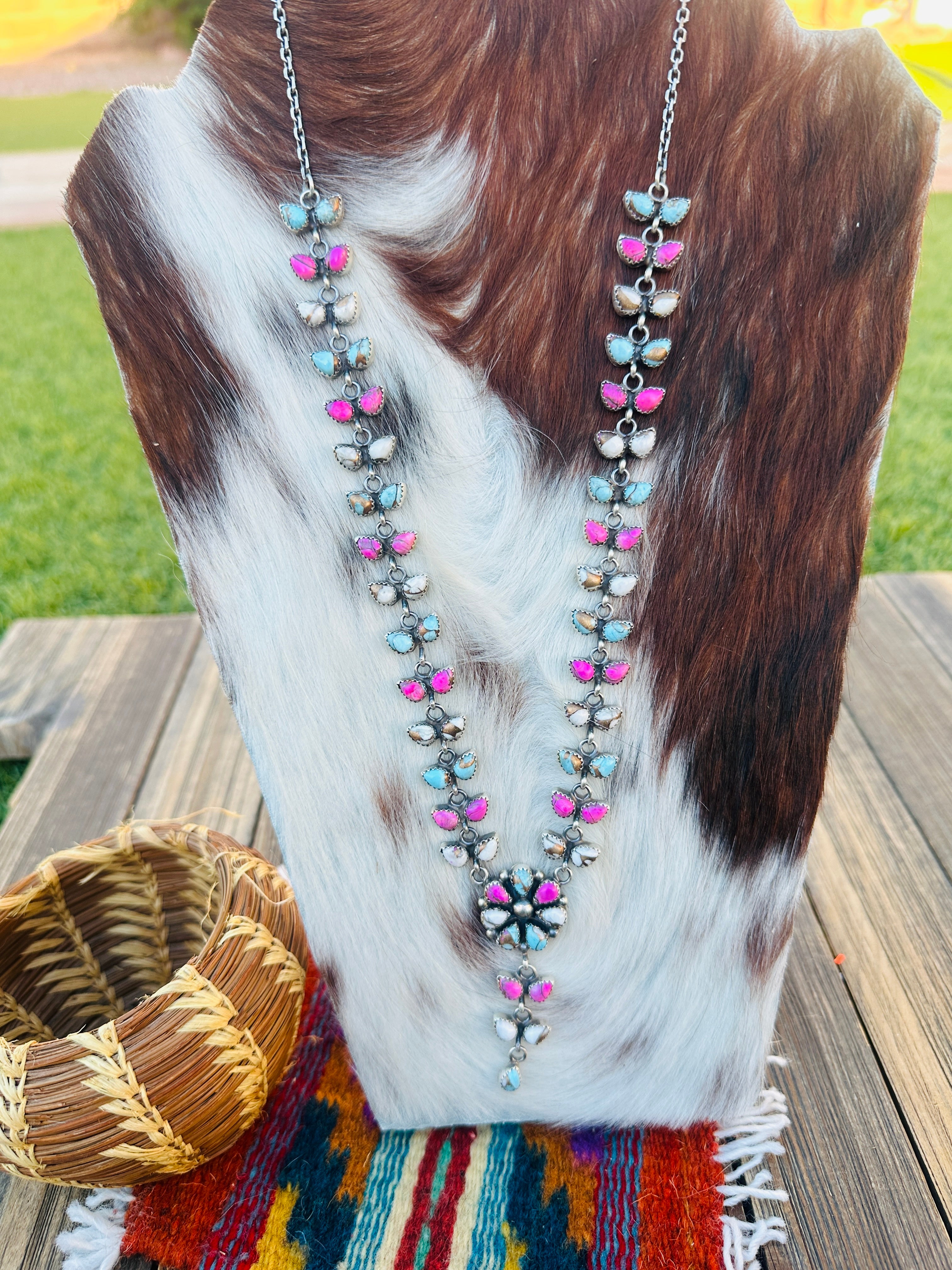 Handcrafted Cotton Candy & Sterling Silver Flower Cluster Necklace by Pearlene Spencer