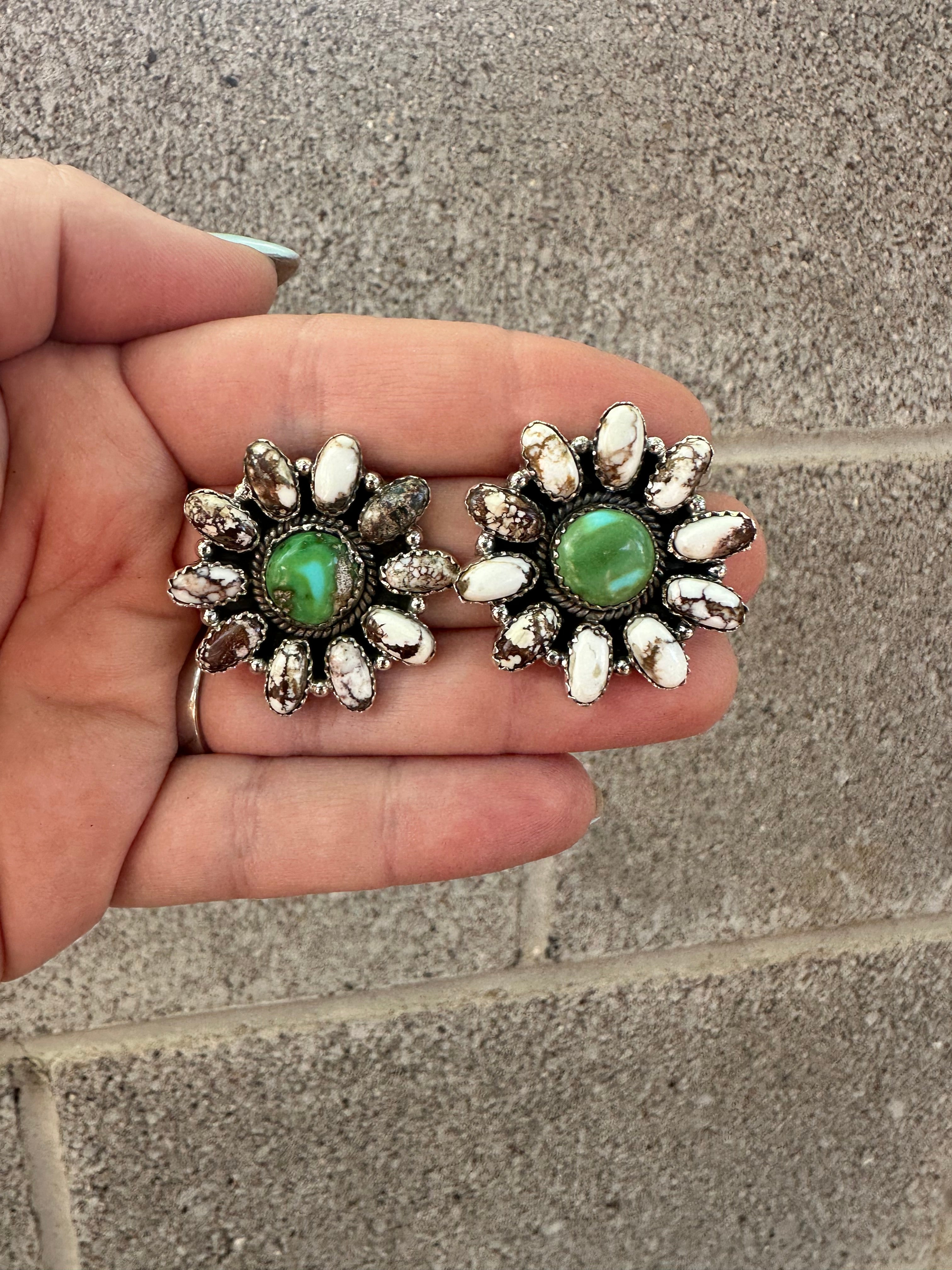 Handmade Flower Sterling Silver, Wild Horse, Sonoran Turquoise Cluster Post Earrings Signed Nizhoni