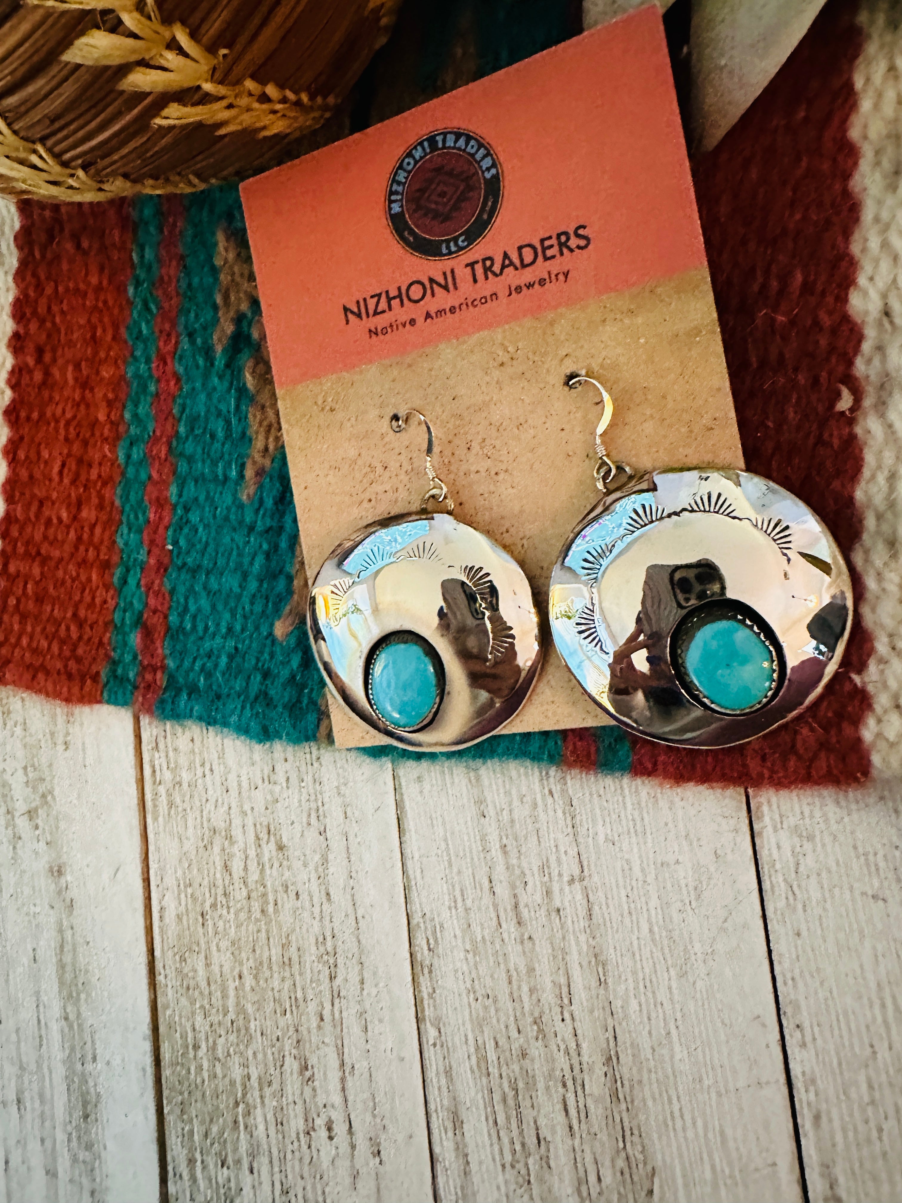 Navajo Hand Stamped Sterling Silver & Turquoise Dangle Earrings