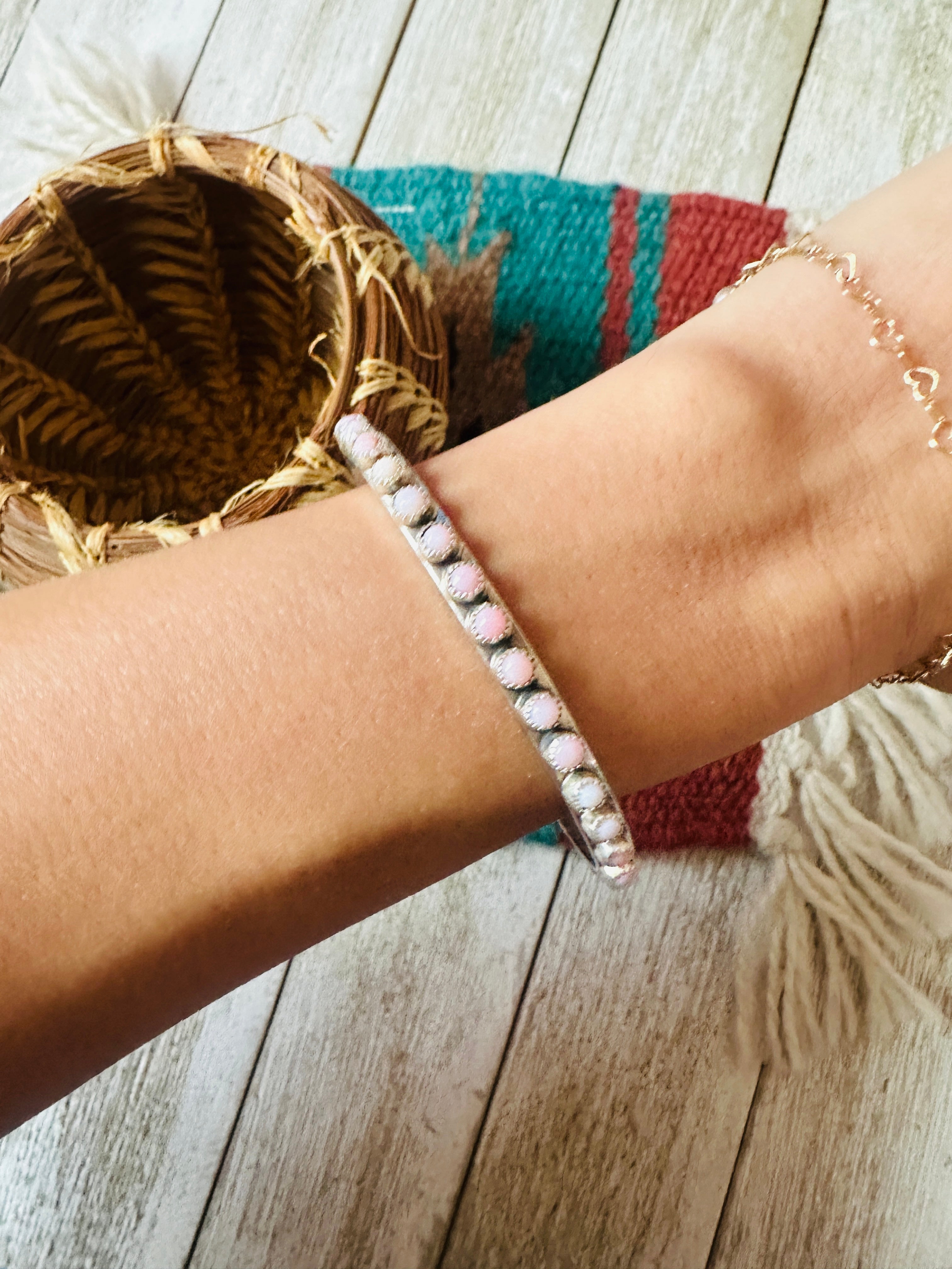 Handcrafted Queen Pink Conch & Sterling Silver Petit Point Cuff Bracelet