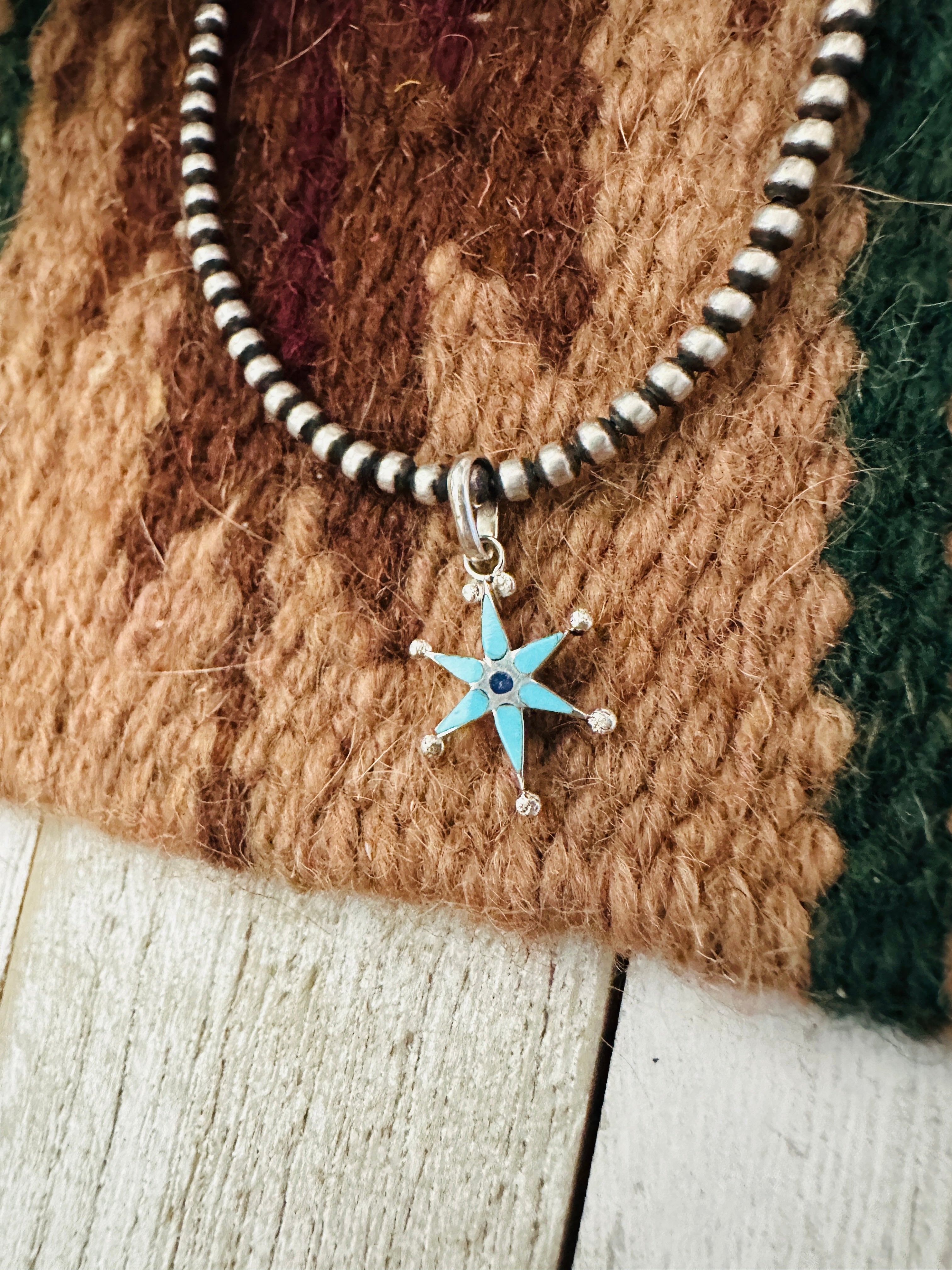 Zuni Sterling Silver, Turquoise & Lapis Mini Star Pendant Signed