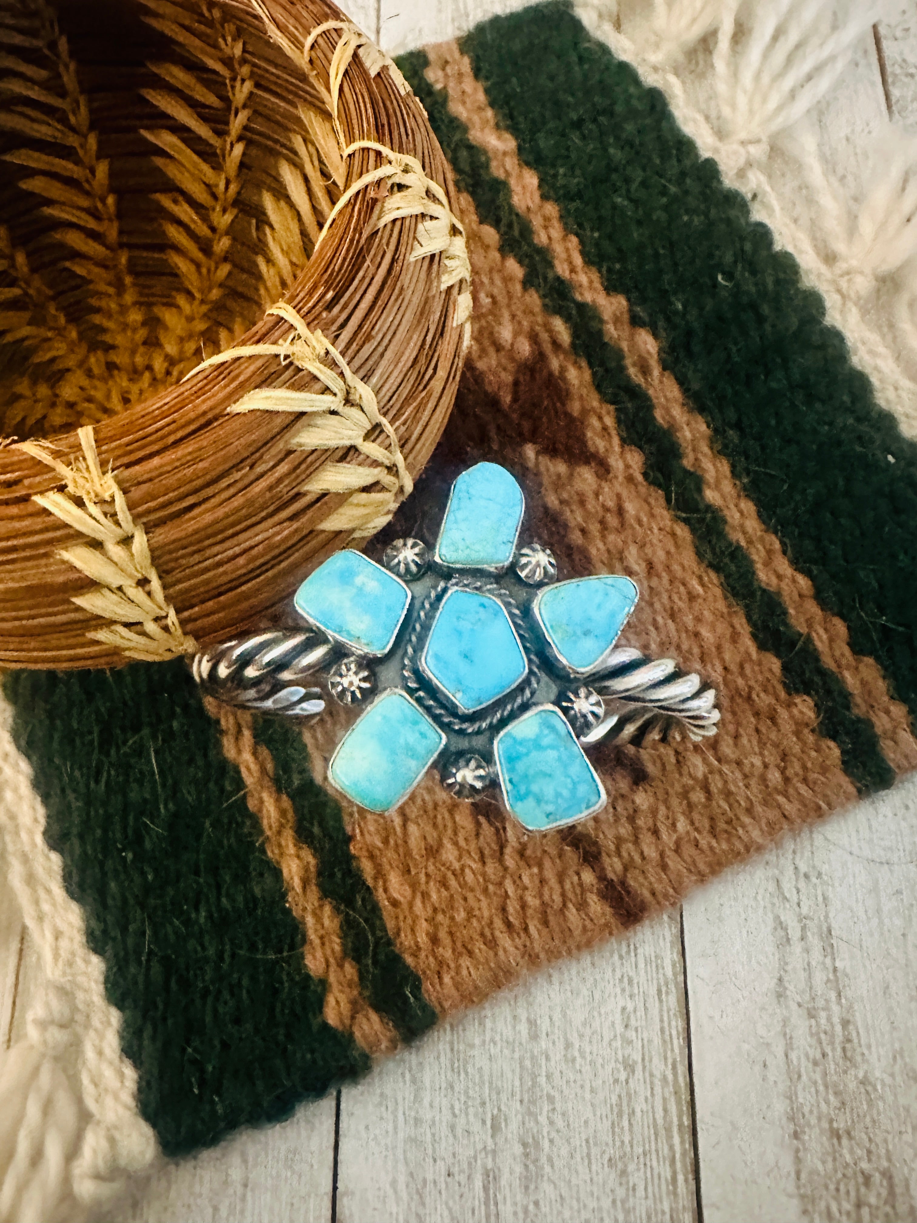 Navajo Kingman Turquoise & Sterling Silver Cluster Cuff Bracelet