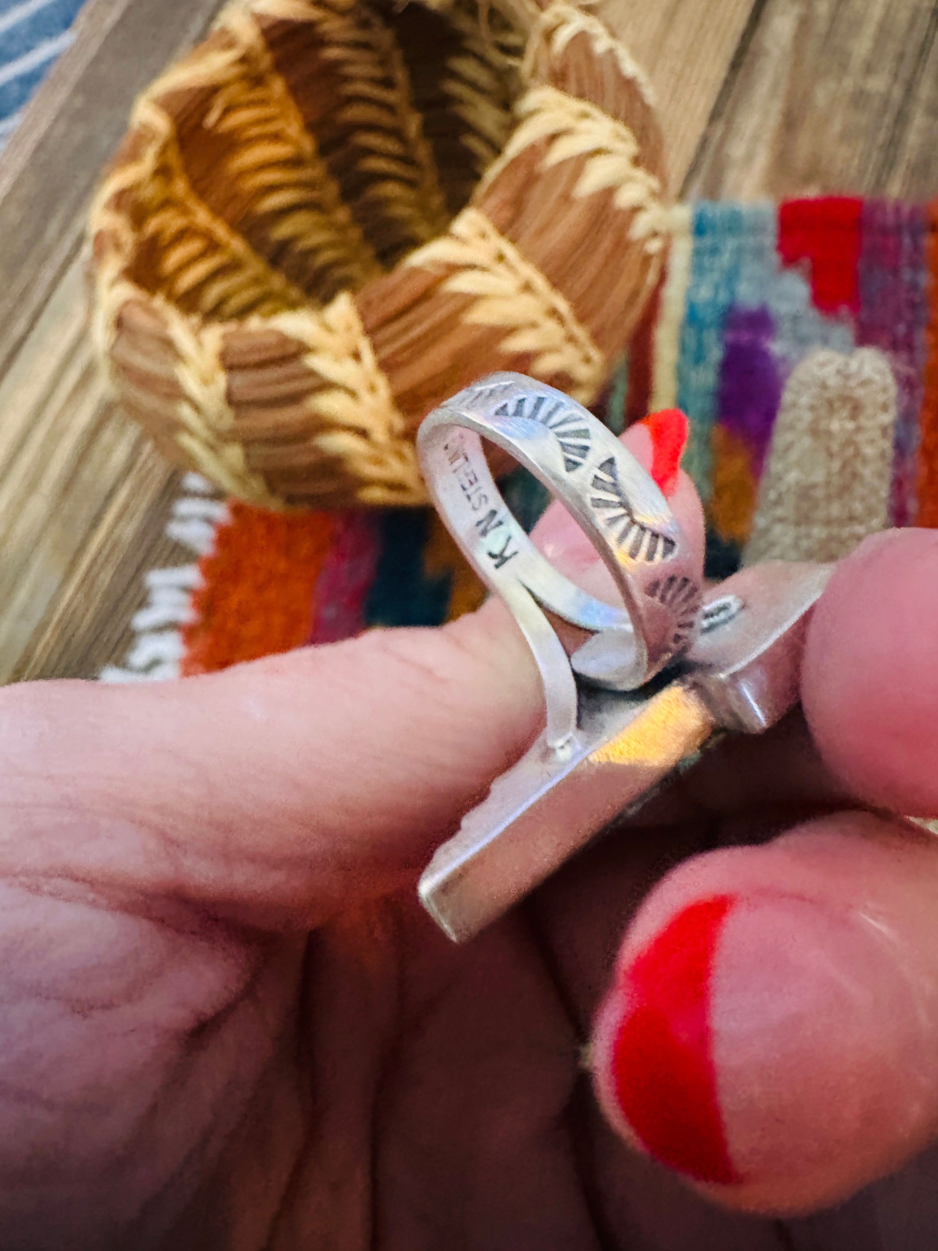 Handcrafted Turquoise & Sterling Silver Lightning Bolt Adjustable Ring