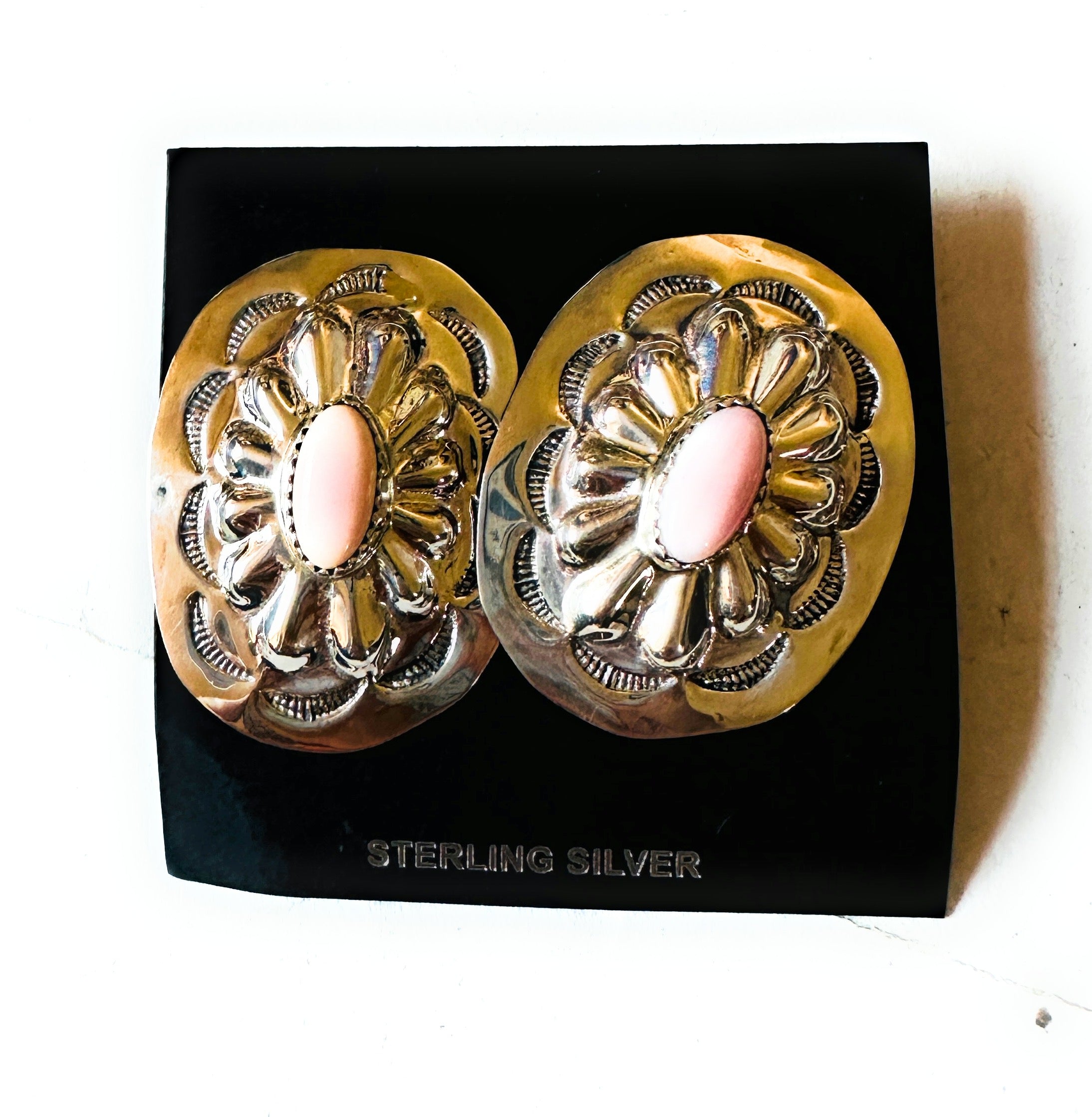 Navajo Sterling Silver & Queen Pink Conch Concho Post Earrings