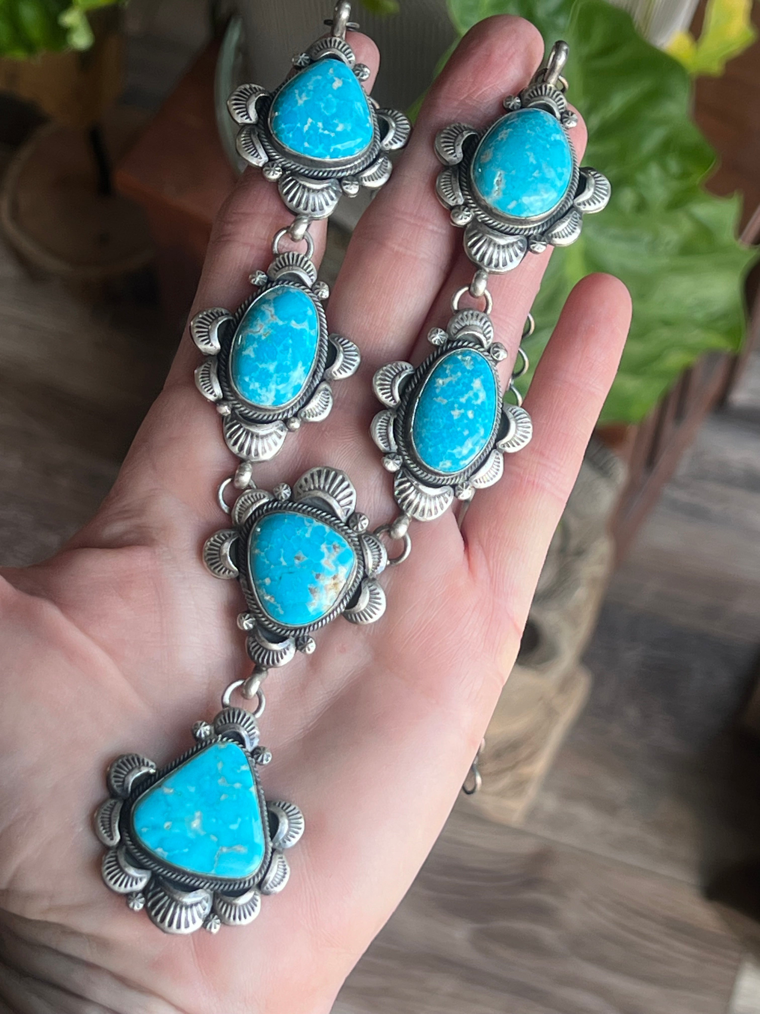 Handcrafted Stellar Sterling Silver and Whitewater Turquoise  Necklace and Earrings Set by Gilbert Tom