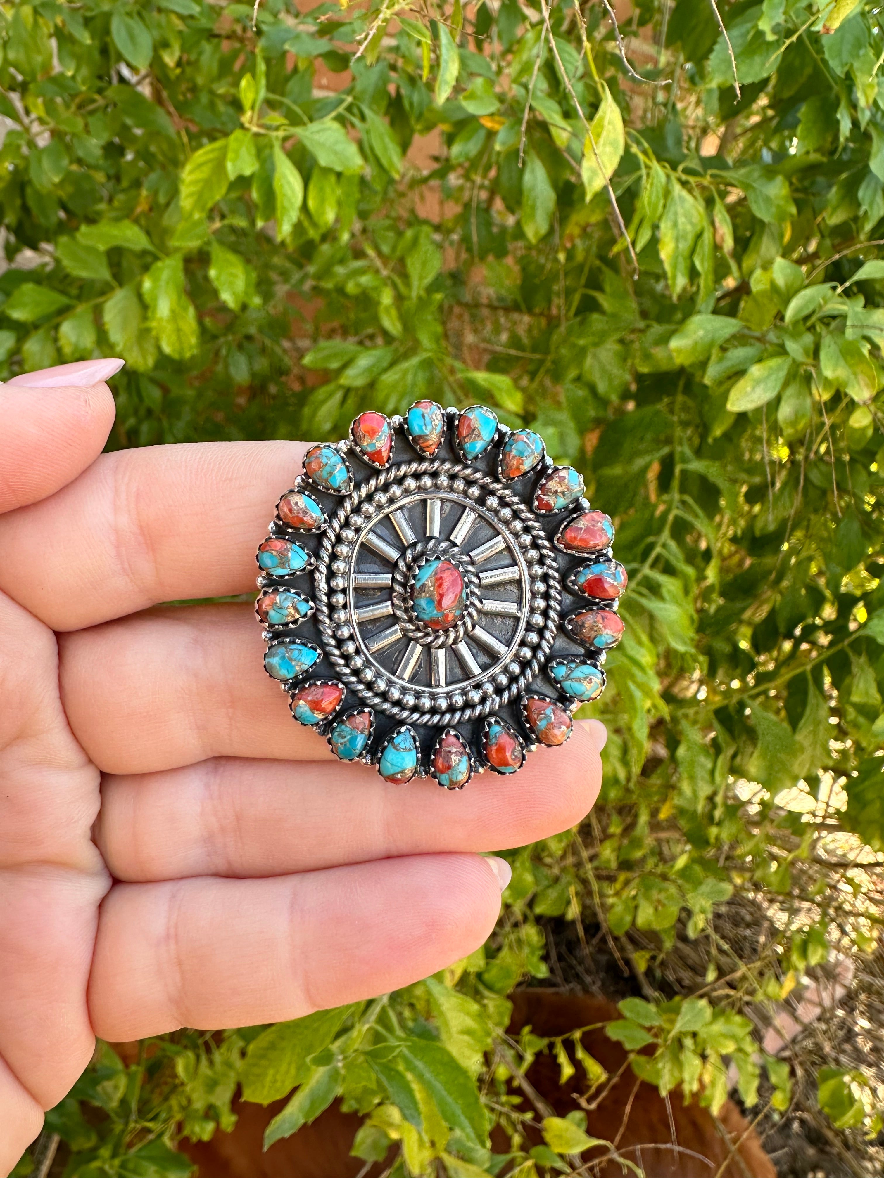 Beautiful Handmade Coral Mojave And Sterling Silver Adjustable Ring