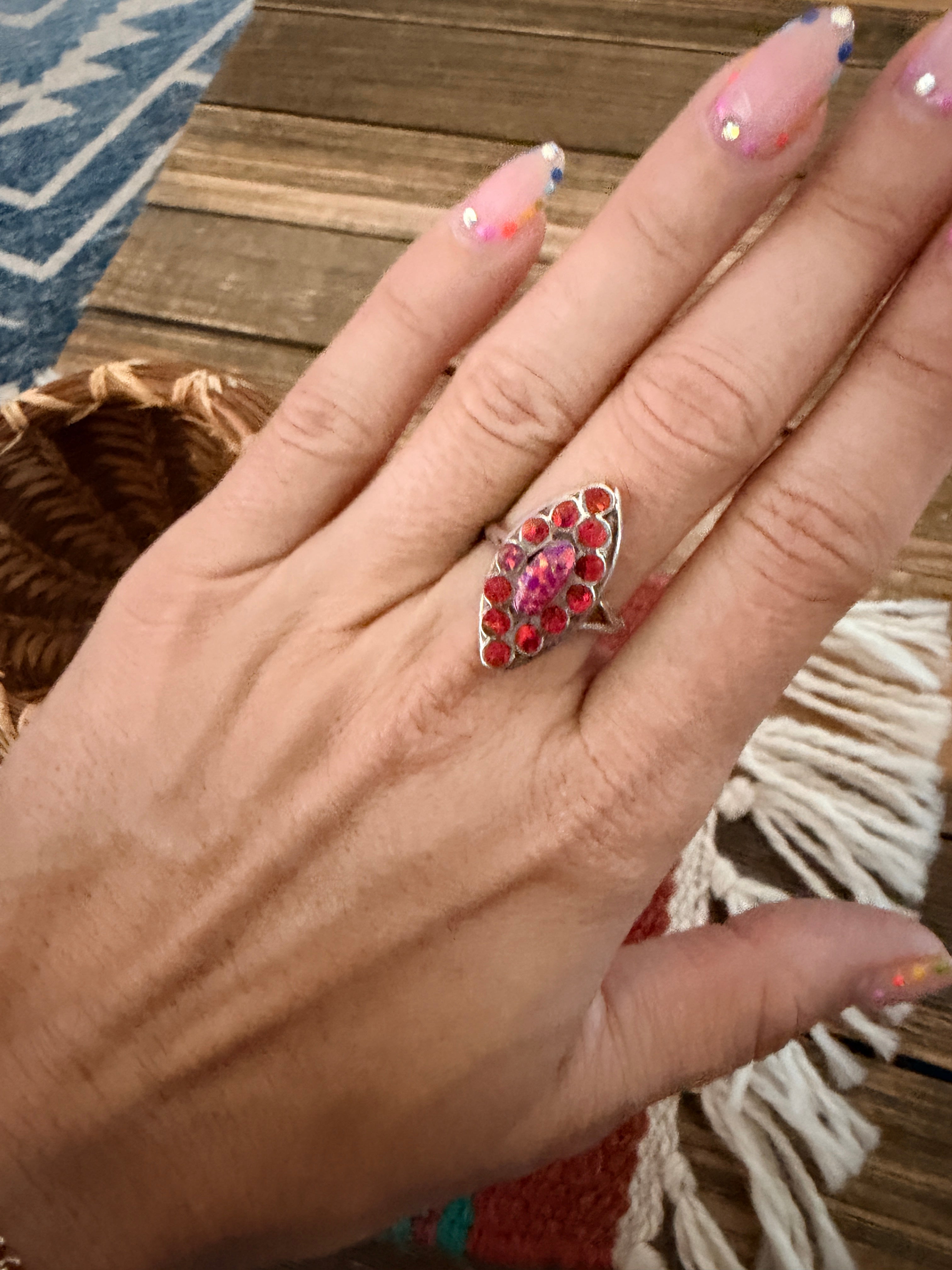 Handcrafted Red Opal & Sterling Silver Ring Size 6.75