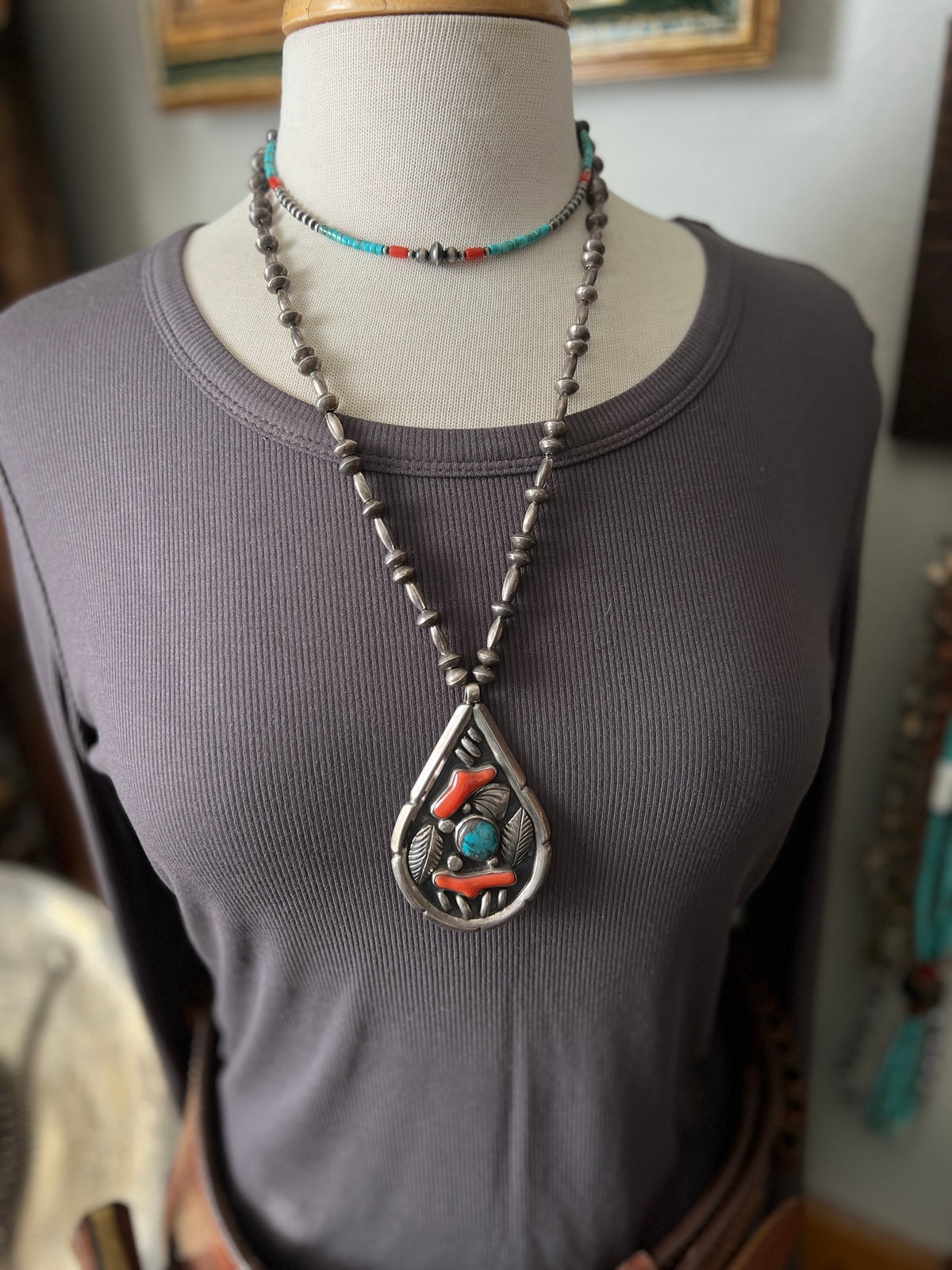 Bohemian Bliss Beaded Choker with Sterling Silver, Mediterranean Coral and Turquoise, 16” + 2”