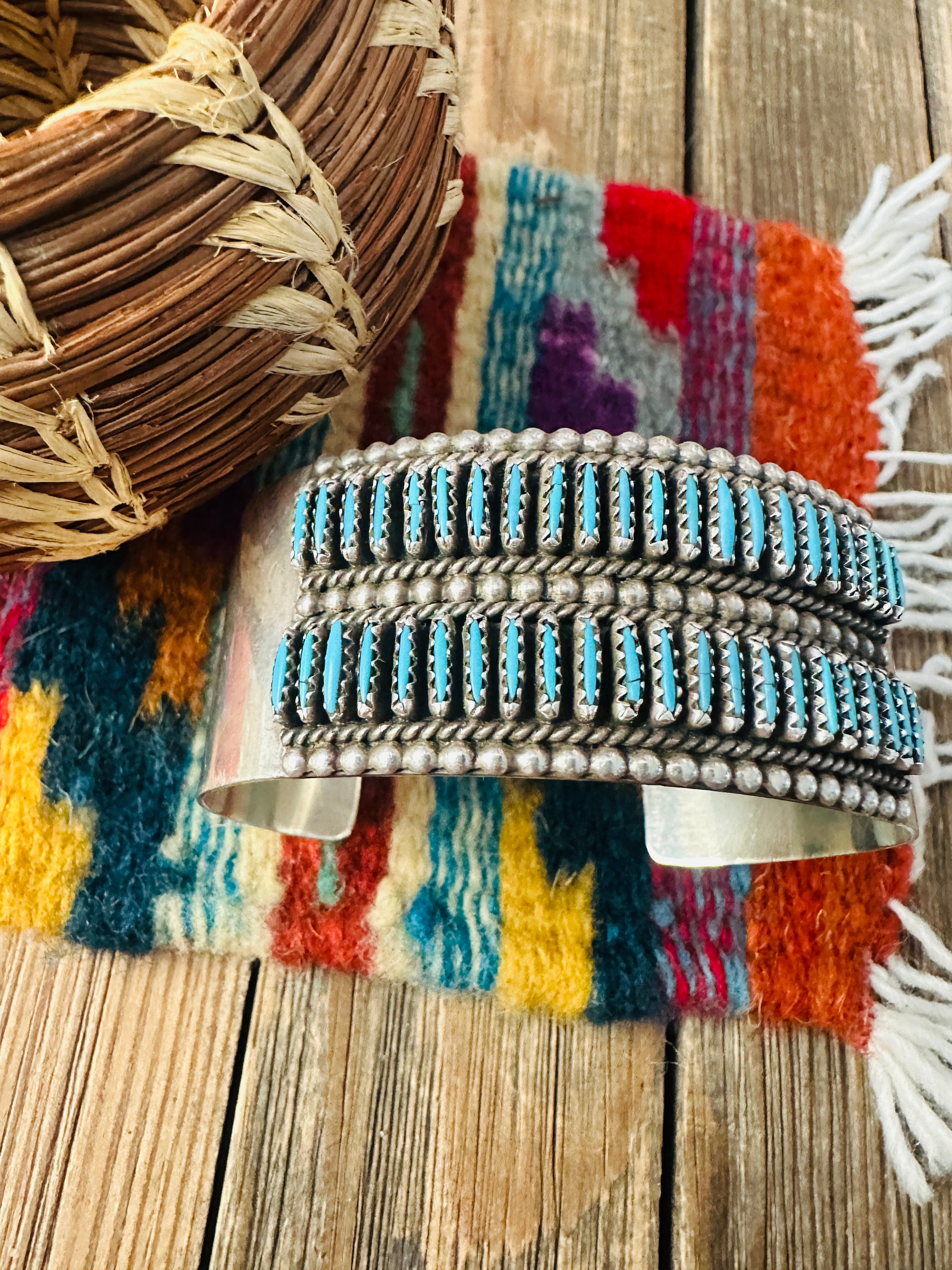 Handcrafted Old Pawn Sterling Silver & Turquoise Needlepoint Cuff Bracelet