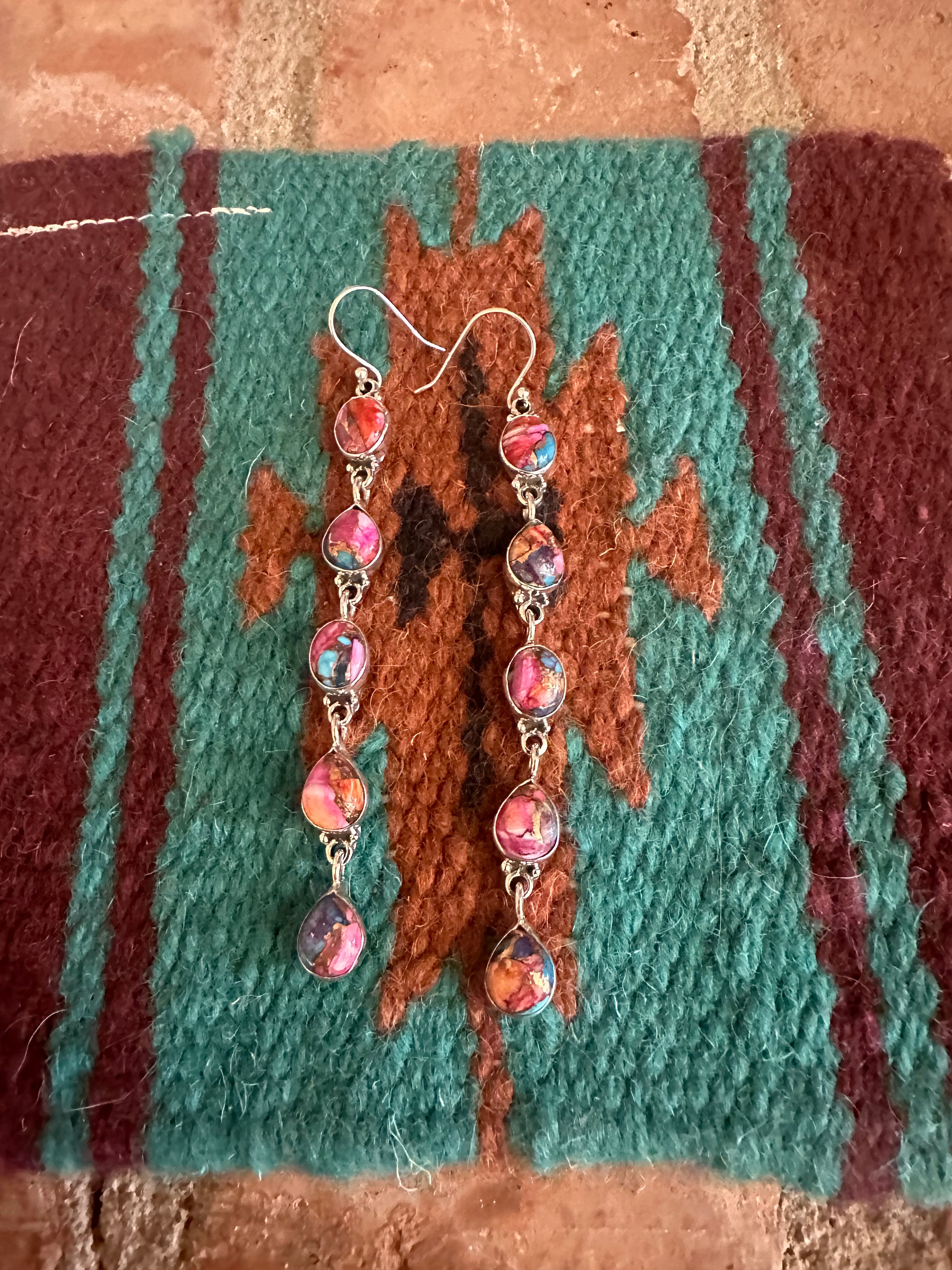 Handmade Pink Dream Mojave and Sterling Silver 5 Stone Dangle Earrings