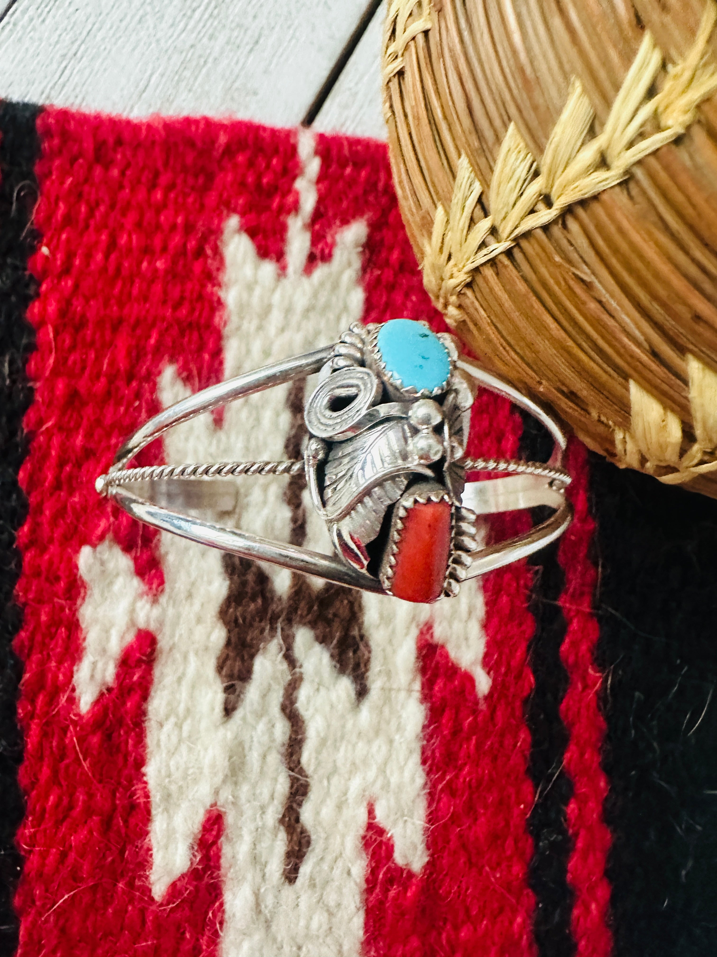 Navajo Turquoise, Coral & Sterling Silver Cuff Bracelet