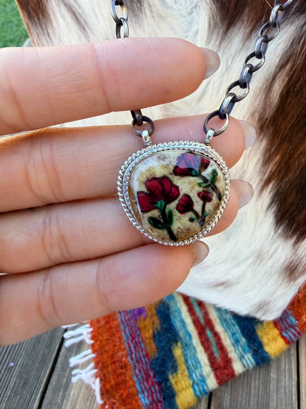 Handmade Sterling Silver & Jasper Painted Flower Necklace