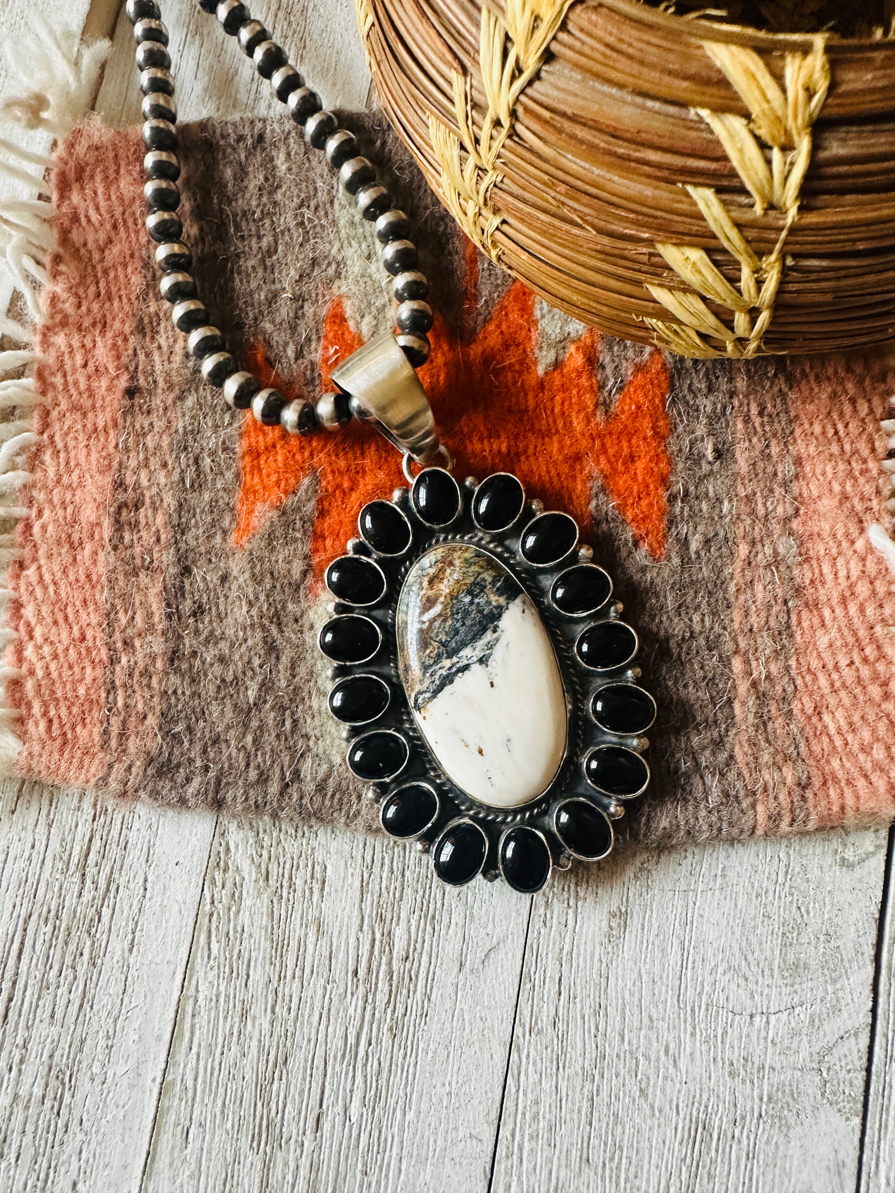 Navajo Black Onyx, Wild Horse and Sterling Silver Cluster Pendant