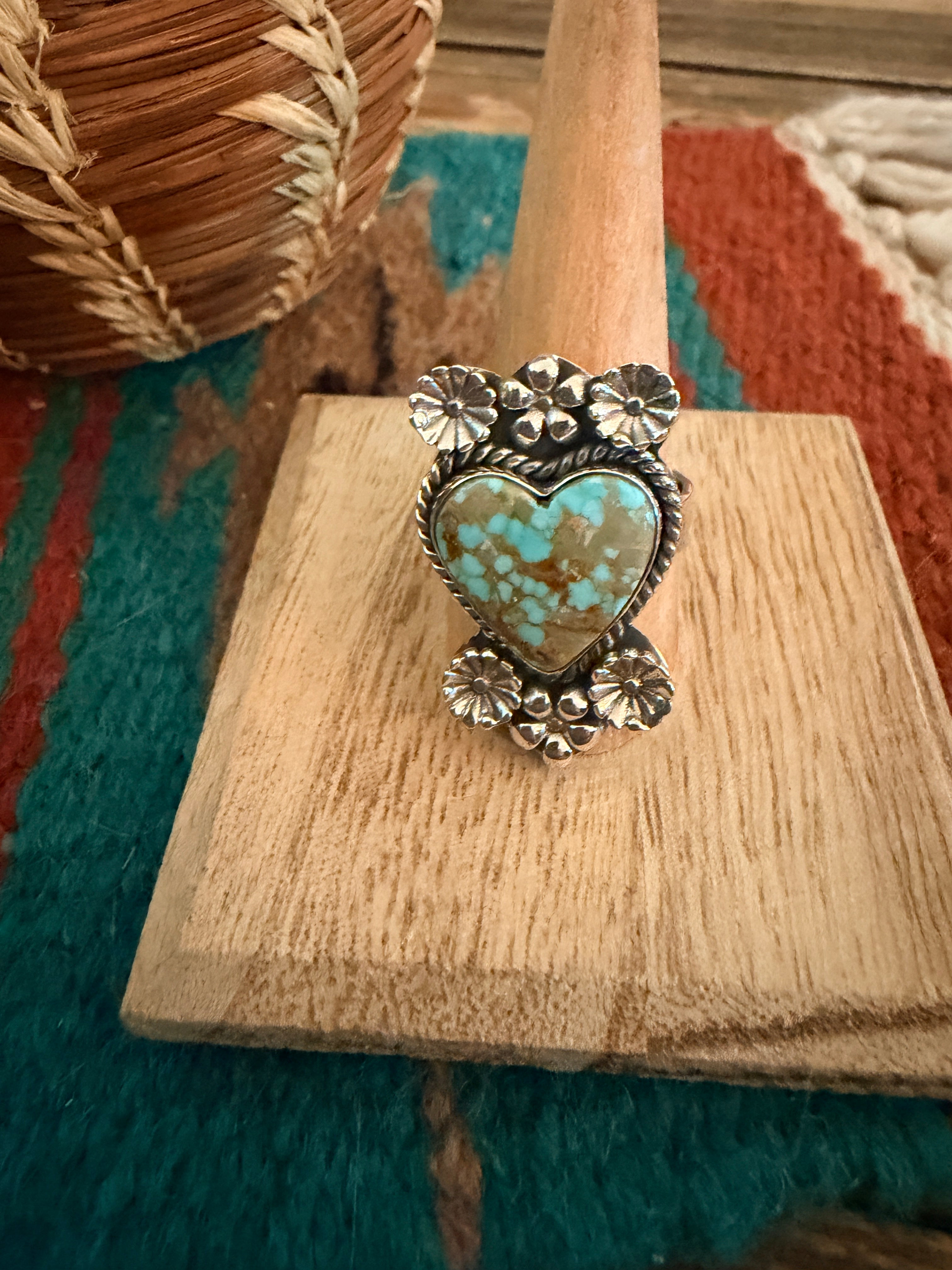 Handmade Sterling Silver Number 8 Turquoise Adjustable Heart Ring Signed Nizhoni