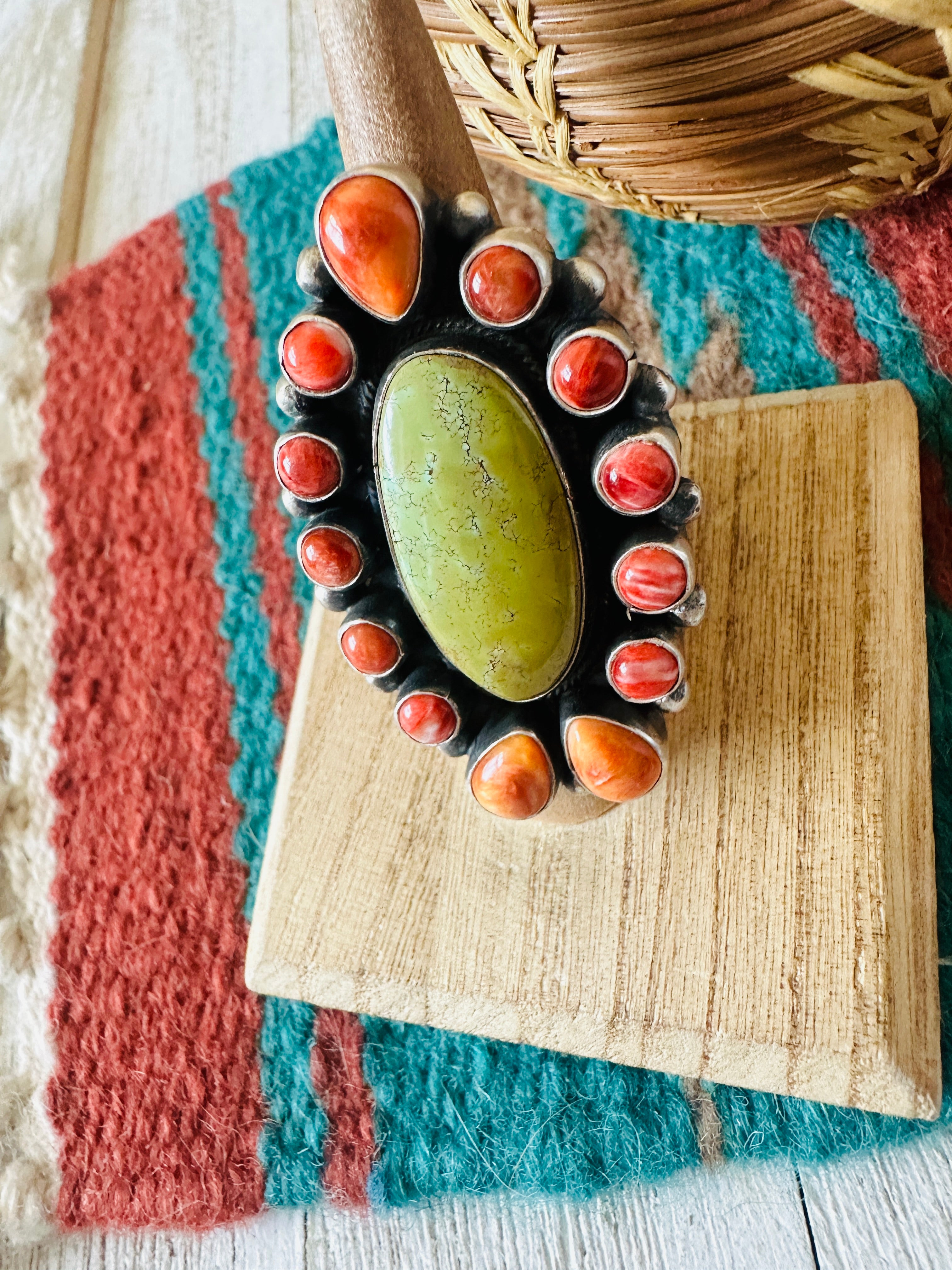 Navajo Sterling Silver, Spiny & Turquoise Cluster Ring Size 6