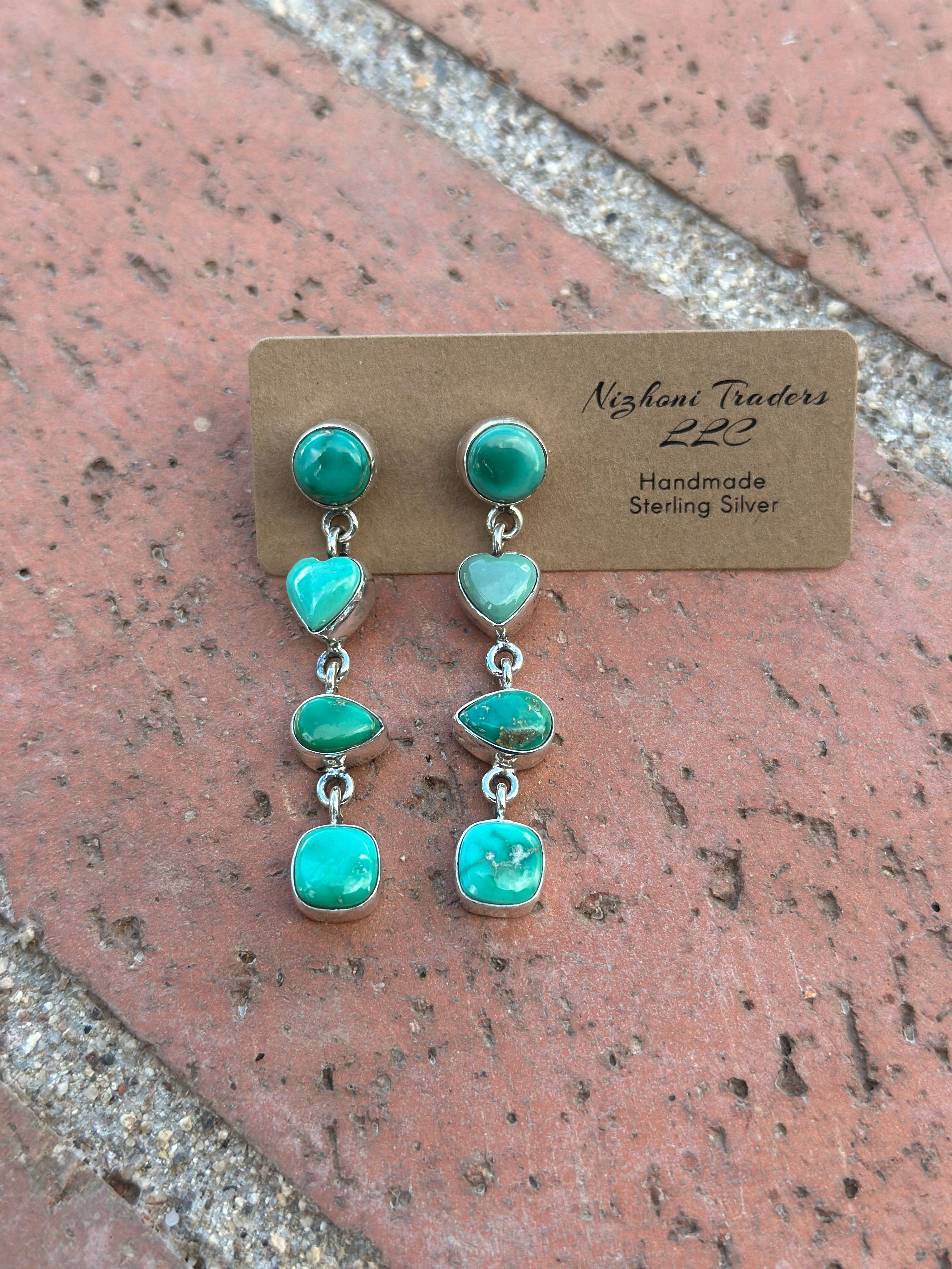 Handmade Emerald Valley Turquoise and Sterling Silver 4 Stone Dangles