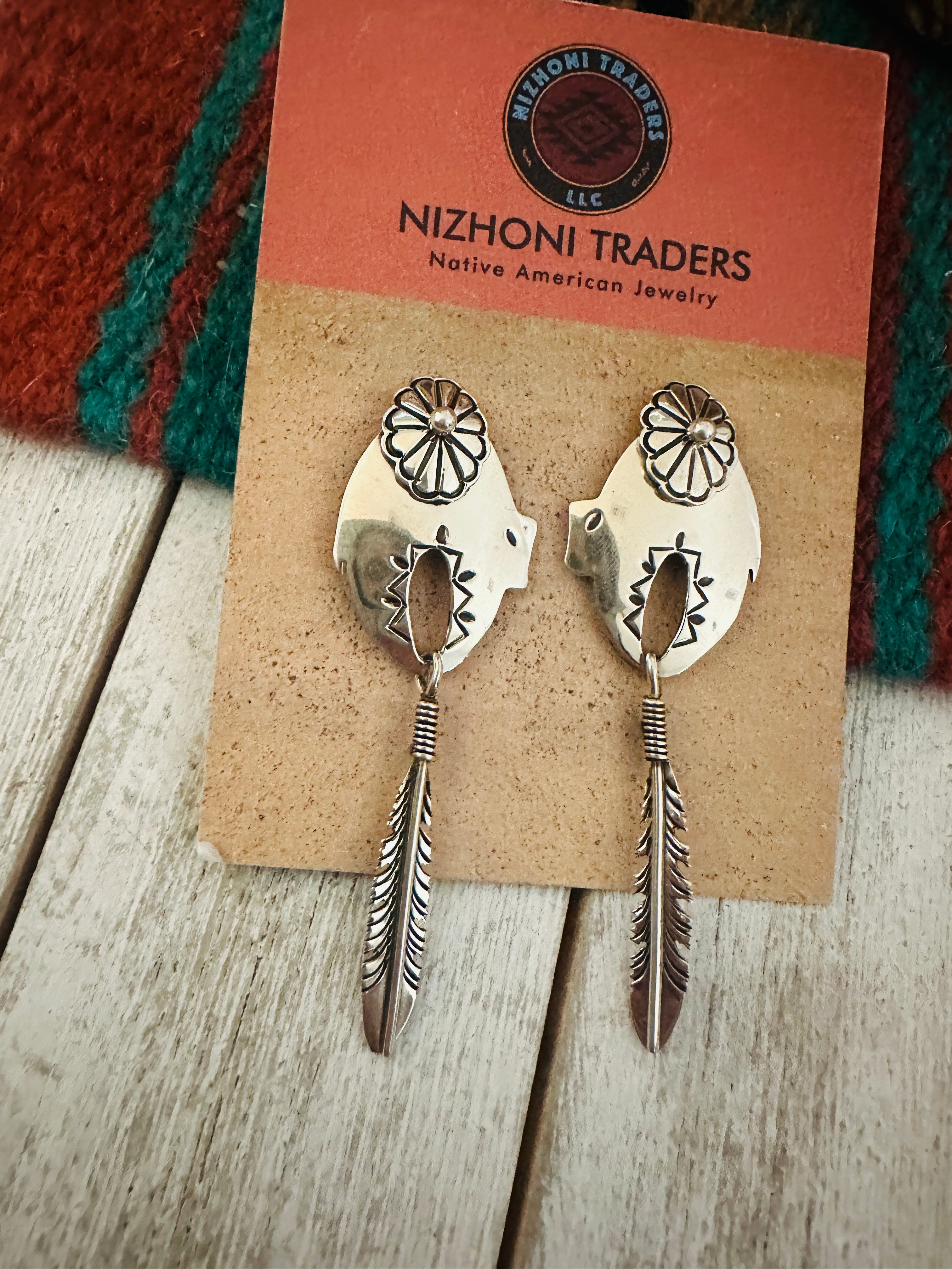 Navajo Concho Sterling Silver Feather Dangle Earrings