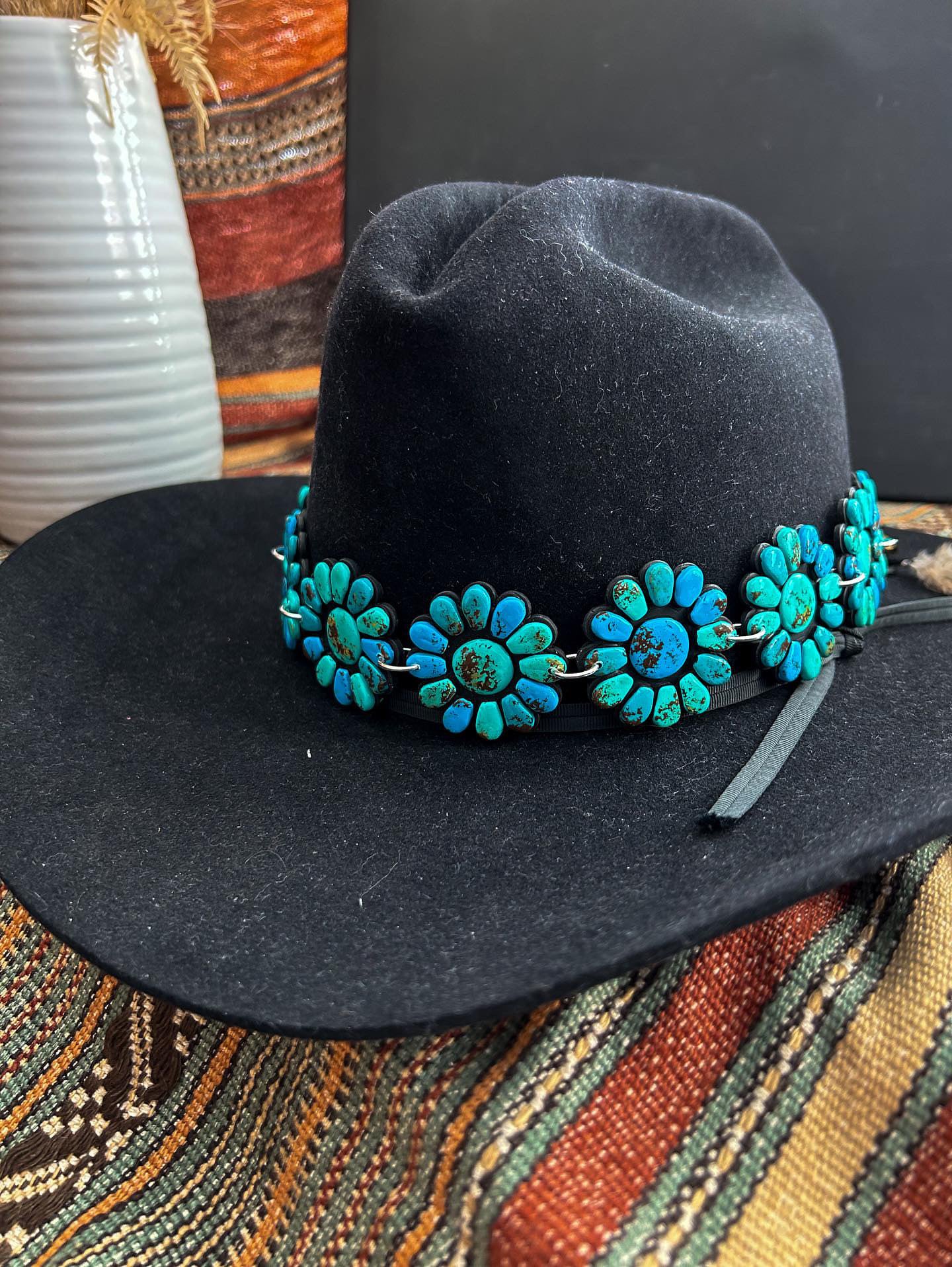 Handmade Clay Turquoise Hat Band With Feathers By Artist Kaylyn