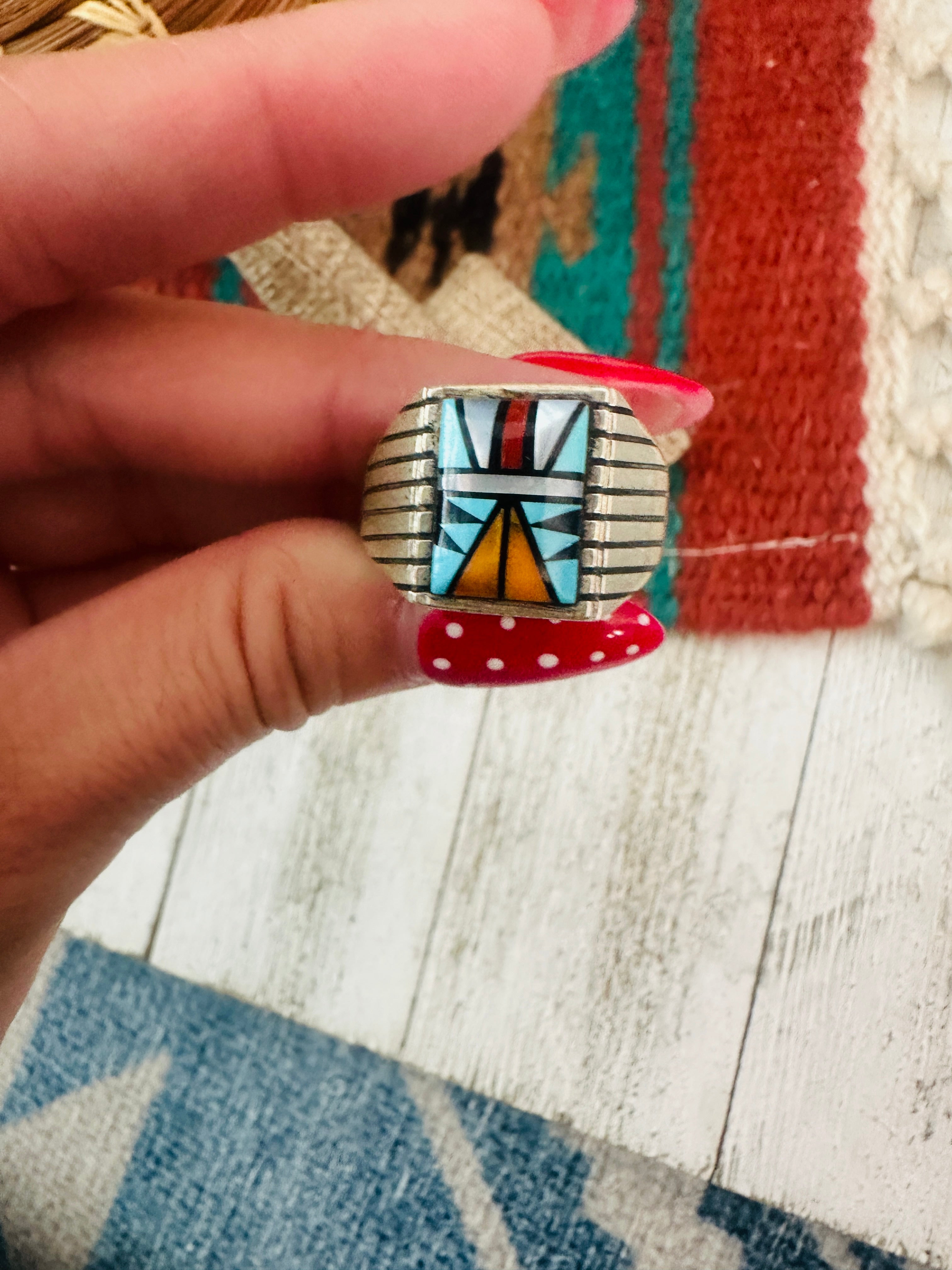 Handcrafted Old Pawn  Sterling Silver & Multi Stone Inlay Ring Size 12