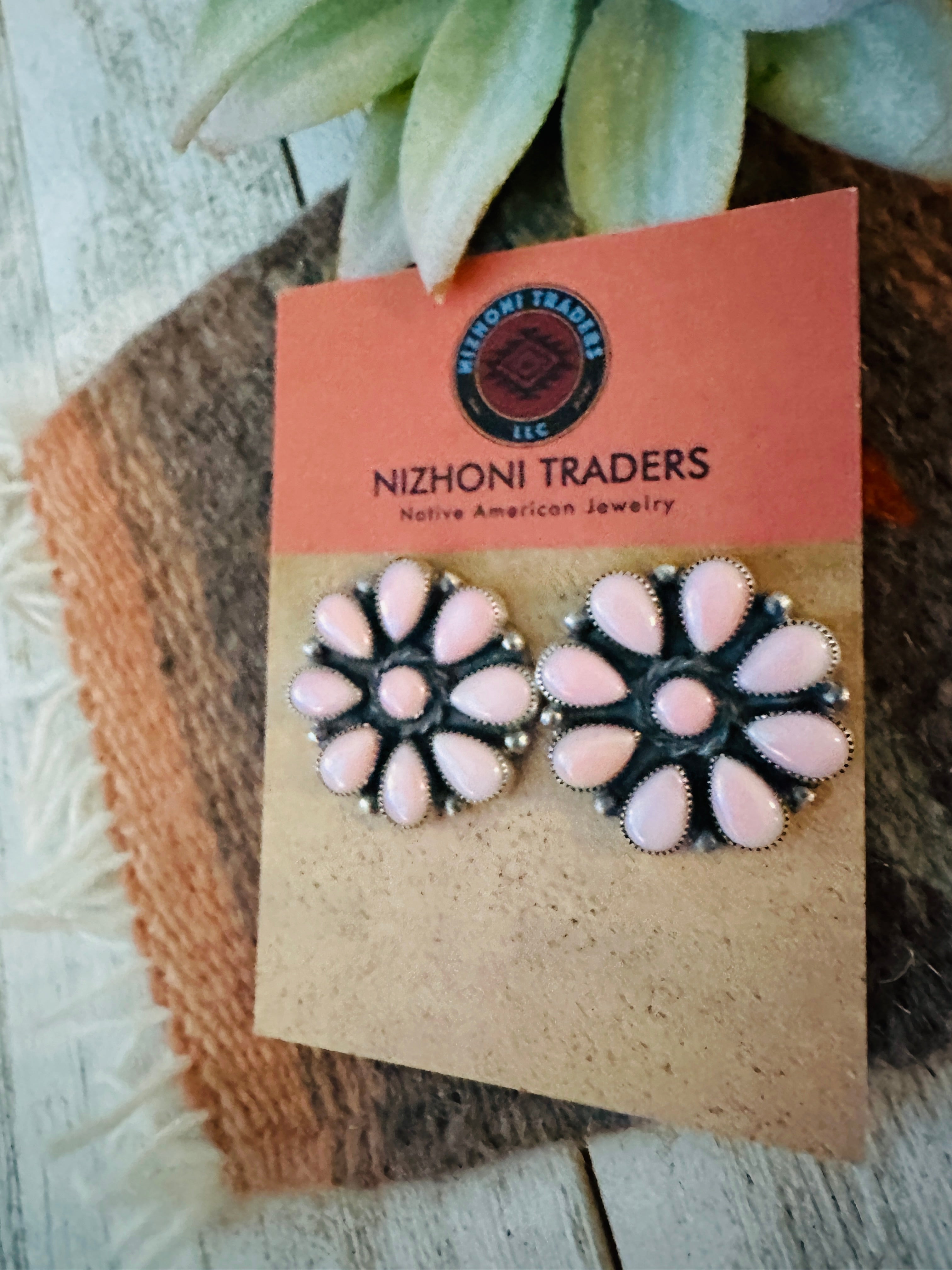 Navajo Queen Pink Conch & Sterling Silver Cluster Stud Earrings