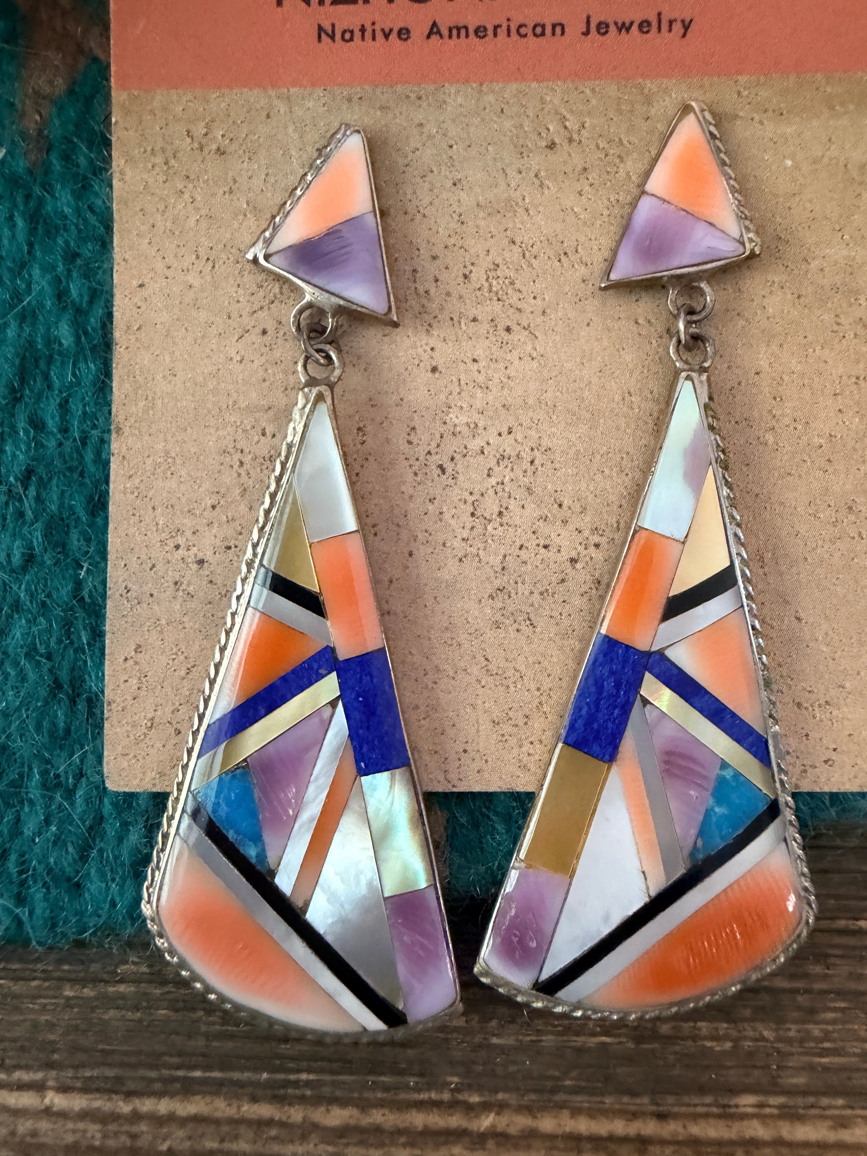 Old Pawn Handcrafted Sterling Silver & Multi Stone Inlay Dangle Earrings