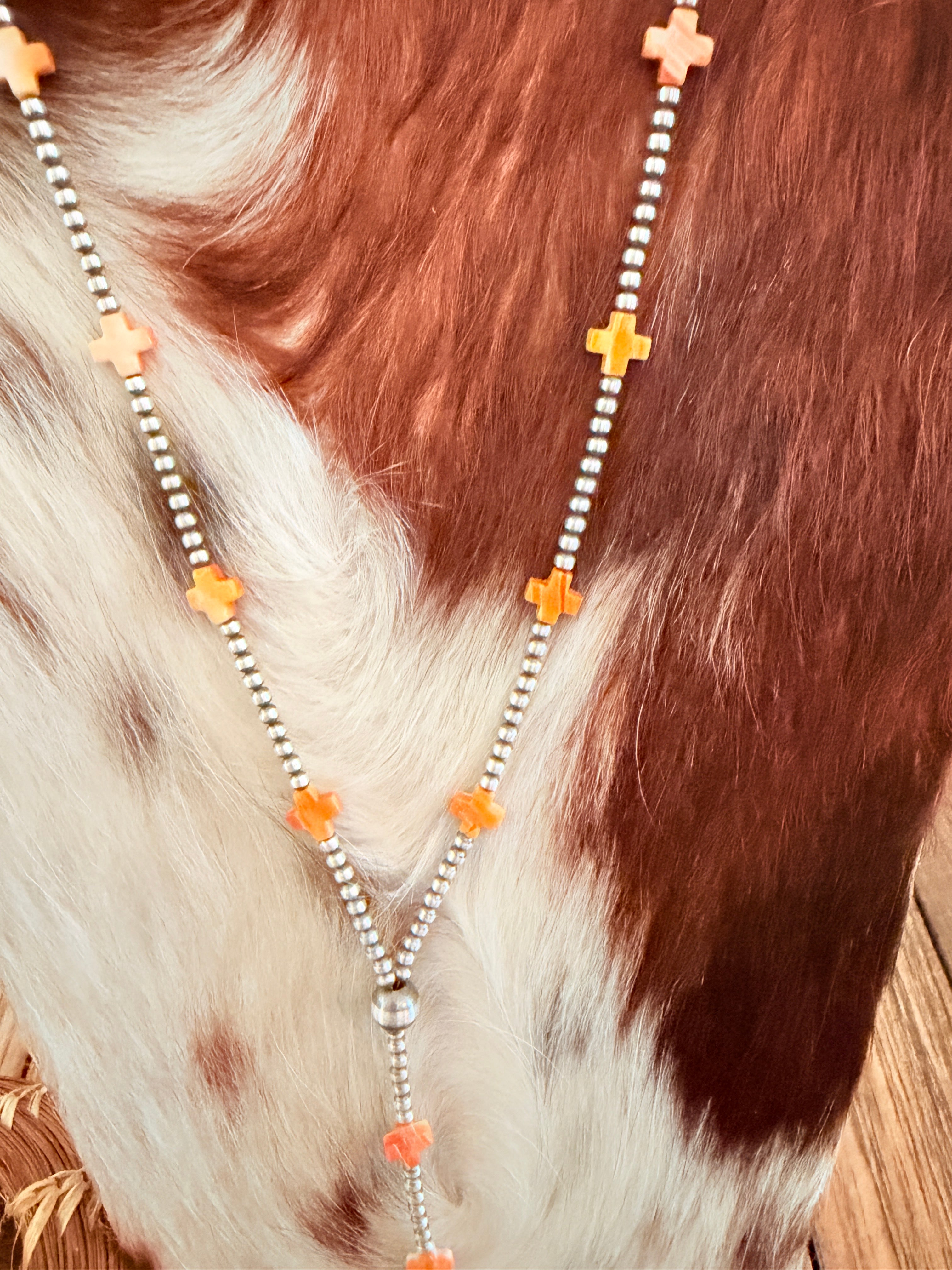 Handcrafted Spiny Oyster & Sterling Silver Pearl 20” Beaded Lariat Necklace