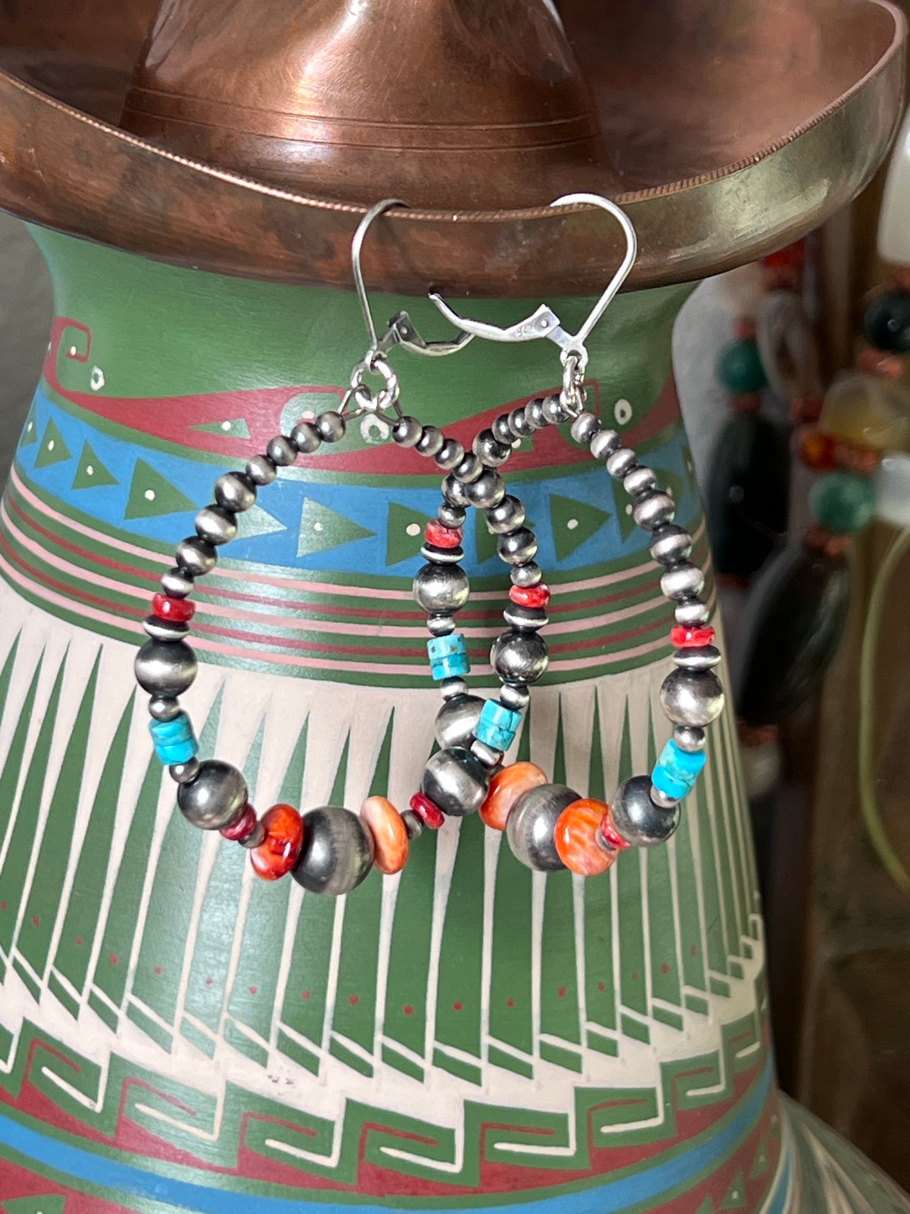 Handcrafted Electric Rainbow Sterling Silver, Turquoise & Spiny Oyster Beaded Hoop Earrings, Leverback