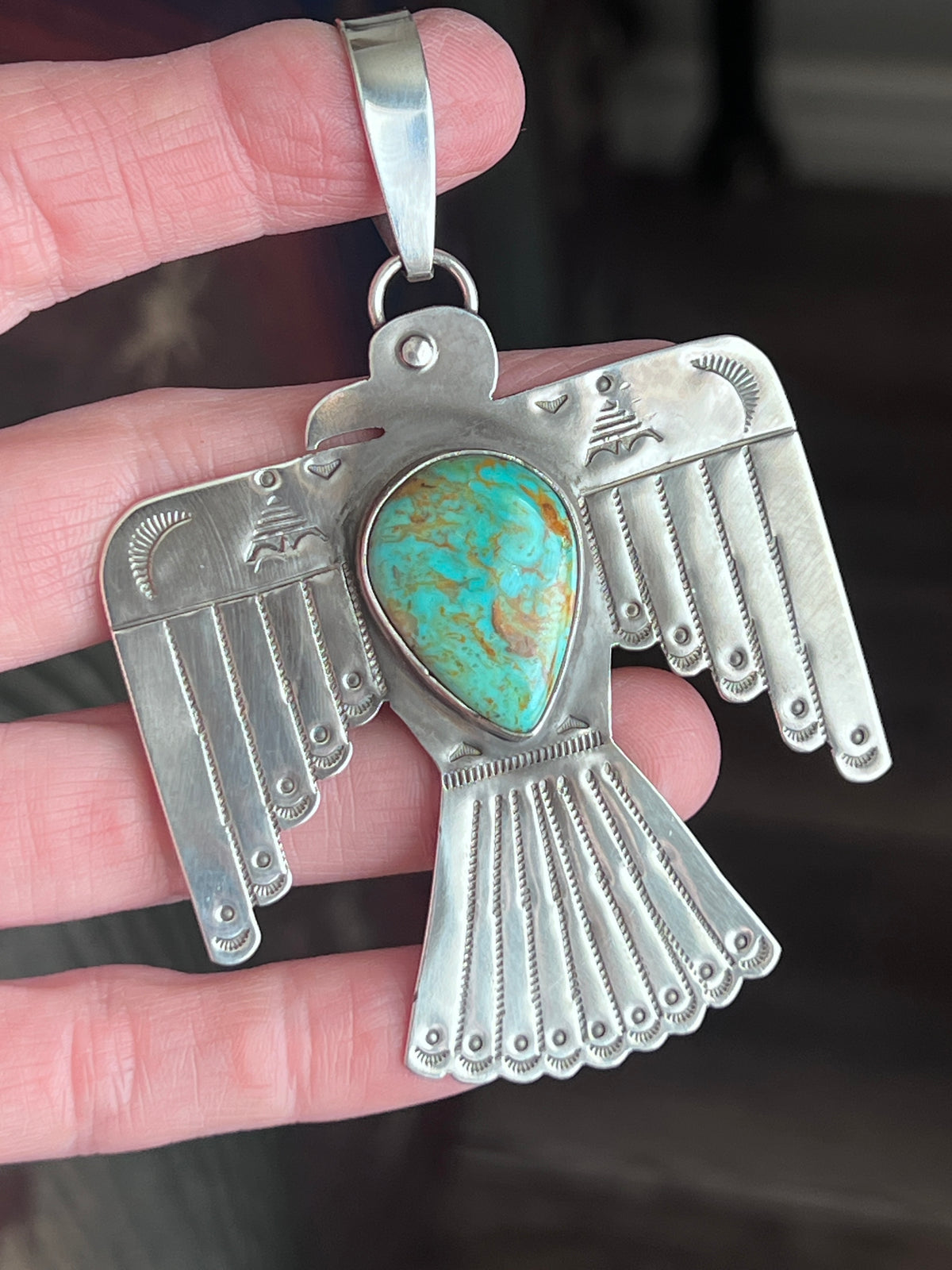 Kimari Somers Hand Stamped Sterling Silver & Kingman Turquoise Thunderbird Pendant 5