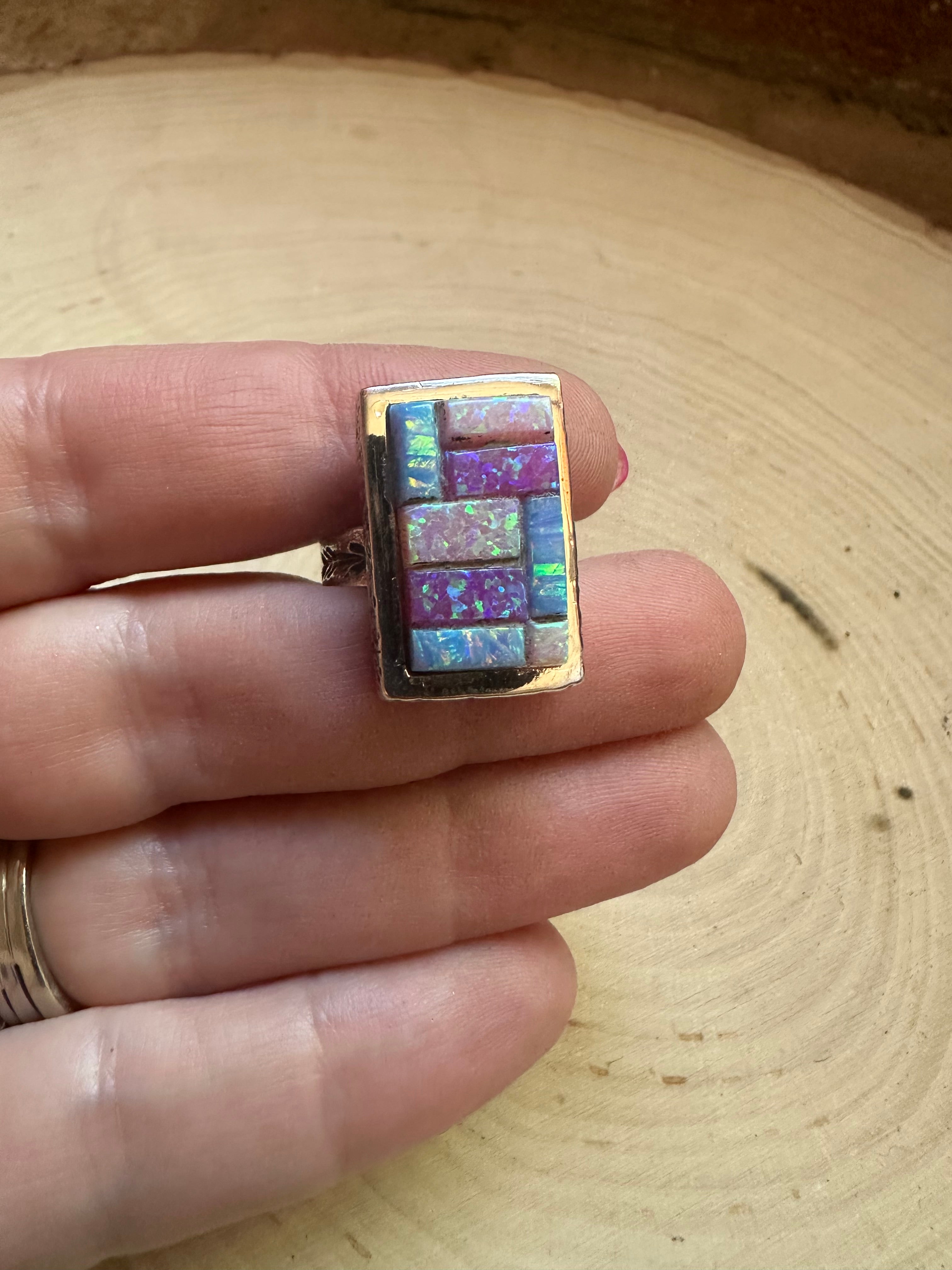 Handmade Fire Opal & Sterling Silver Rectangle Ring Size 6 Signed Nizhoni