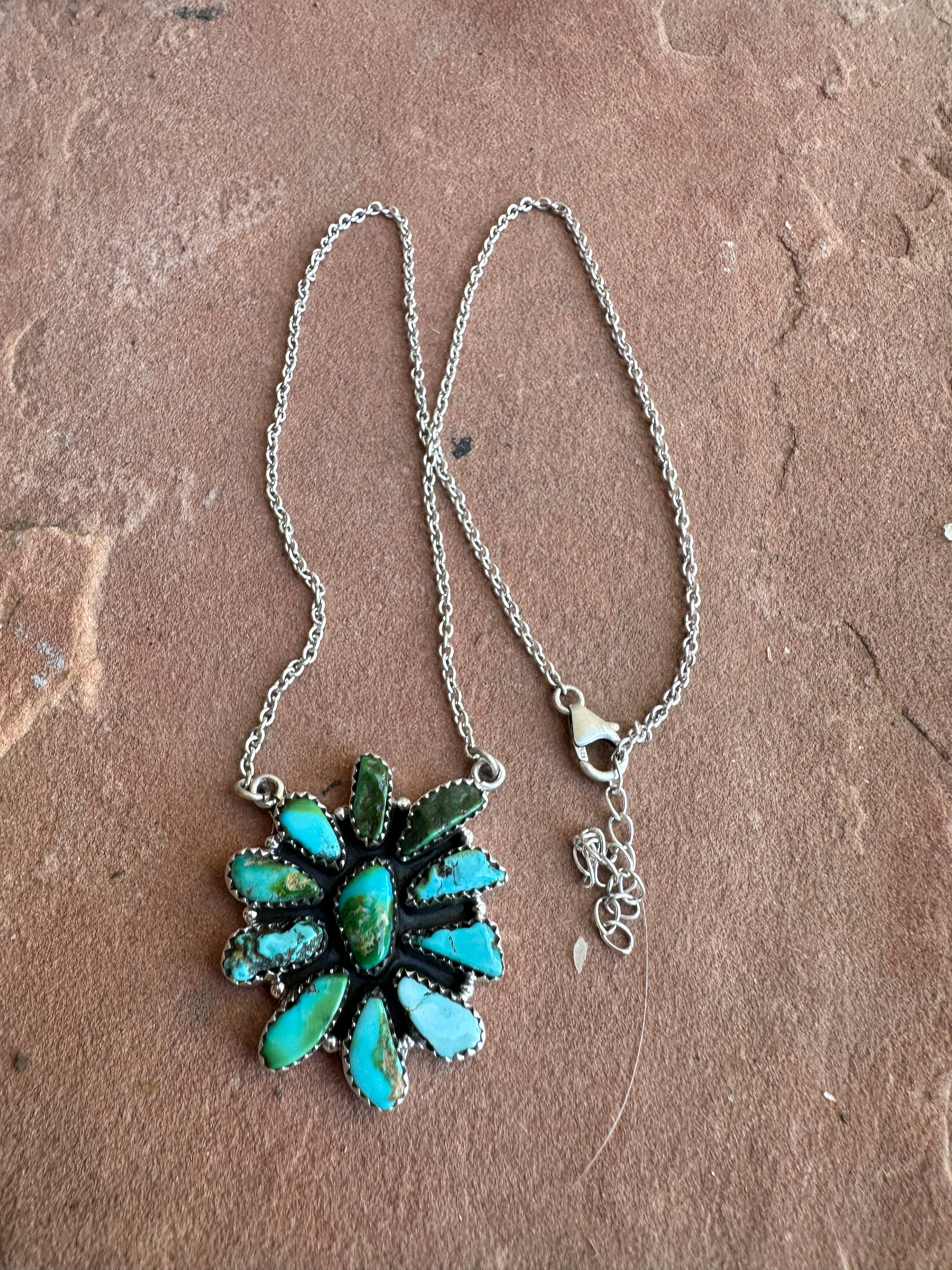 Beautiful Handmade Sterling Silver & Turquoise Cluster Necklace