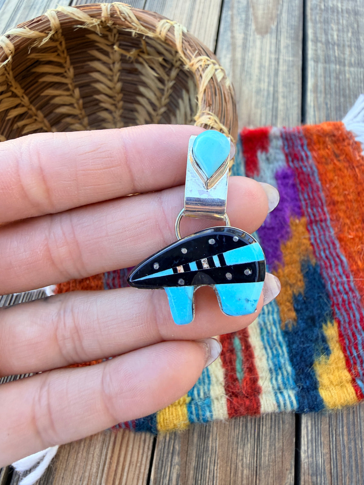 Handcrafted Sterling Silver and Multi Stone Inlay Bear Pendant by Ray Jack
