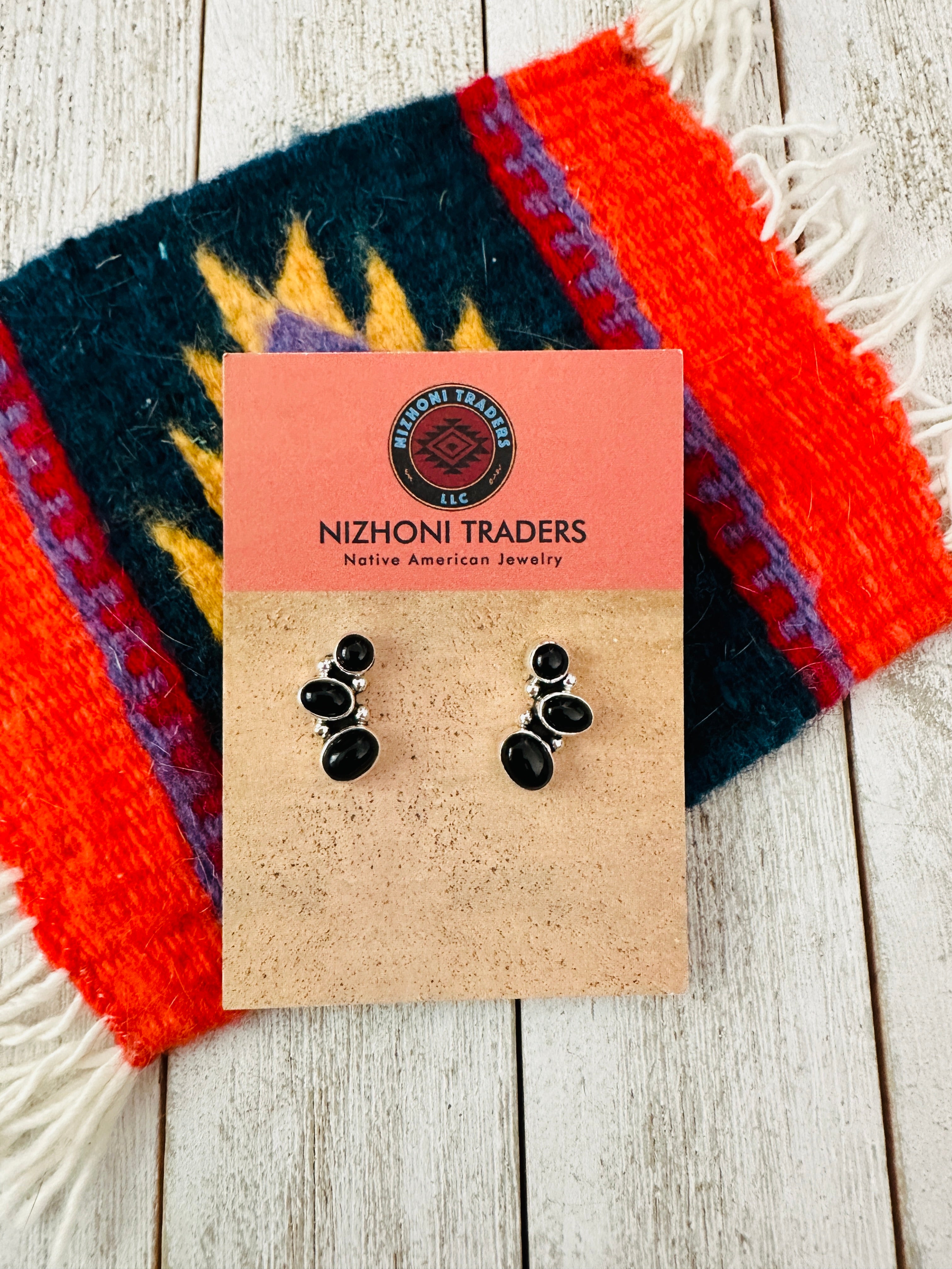 Navajo Onyx & Sterling Silver 3-Stone Earrings