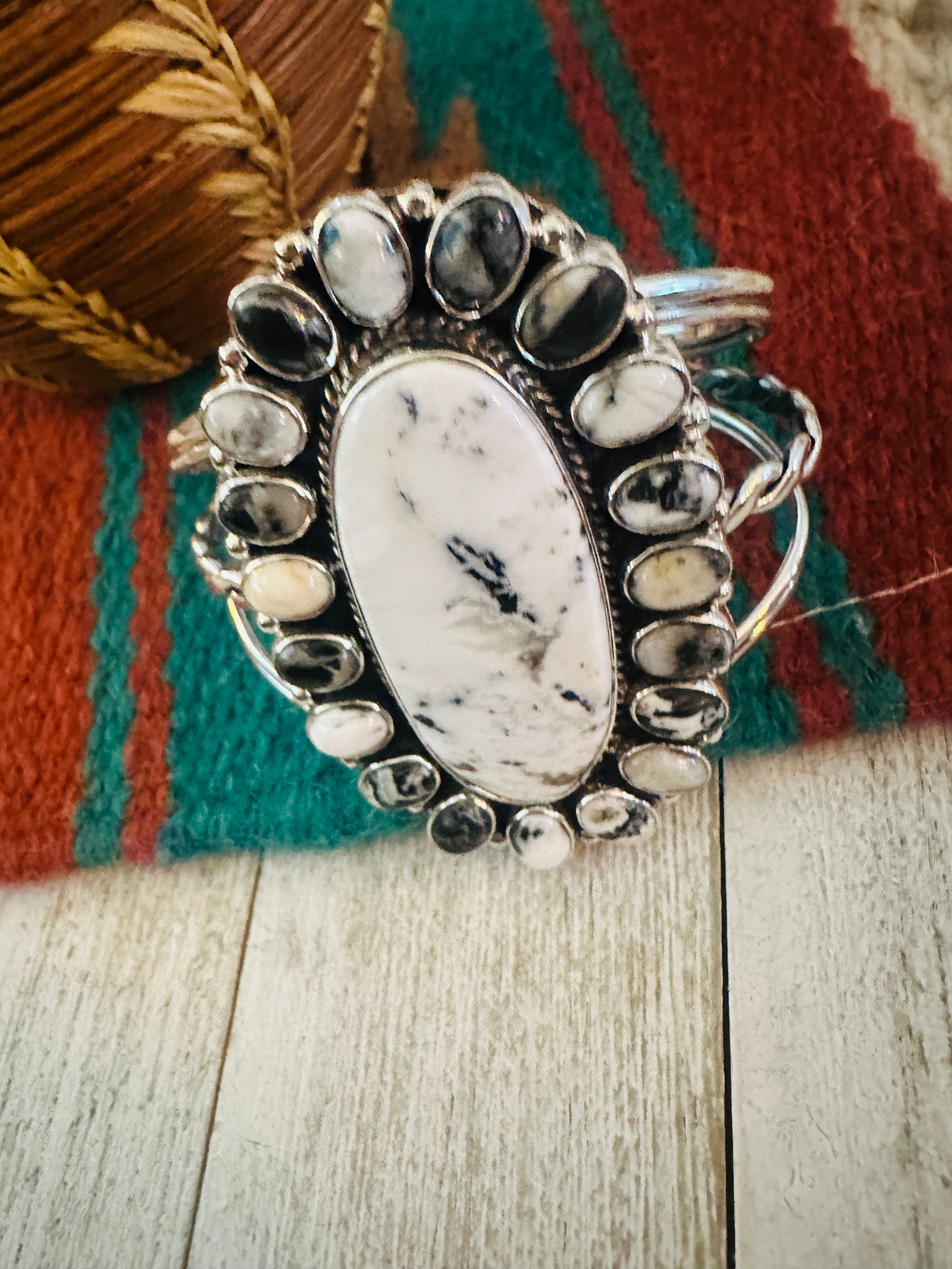 Navajo White Buffalo & Sterling Silver Cluster Cuff Bracelet