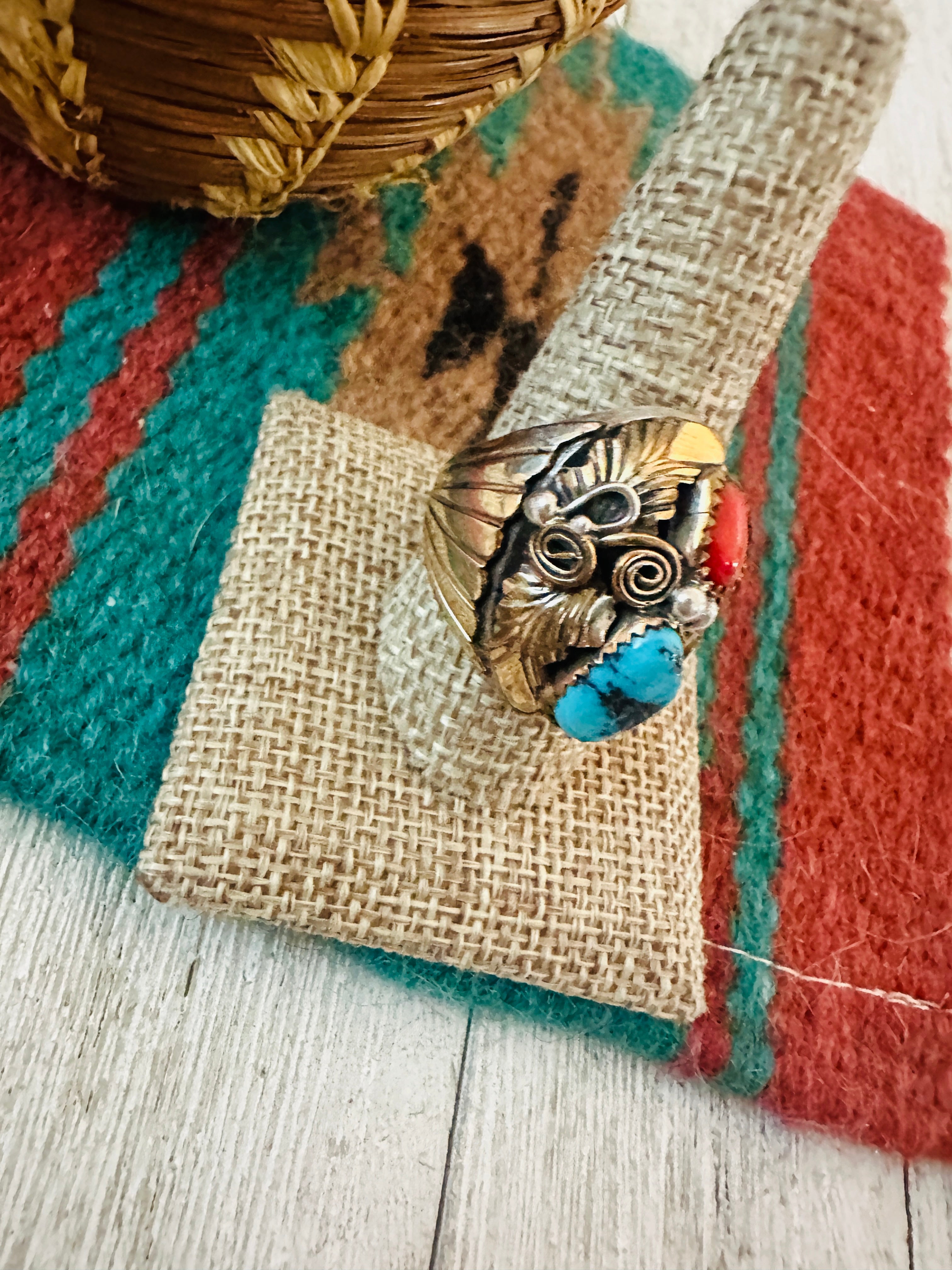 Handcrafted Old Pawn Sterling Silver with Gold Overlay, Turquoise & Coral Ring Size 10.75
