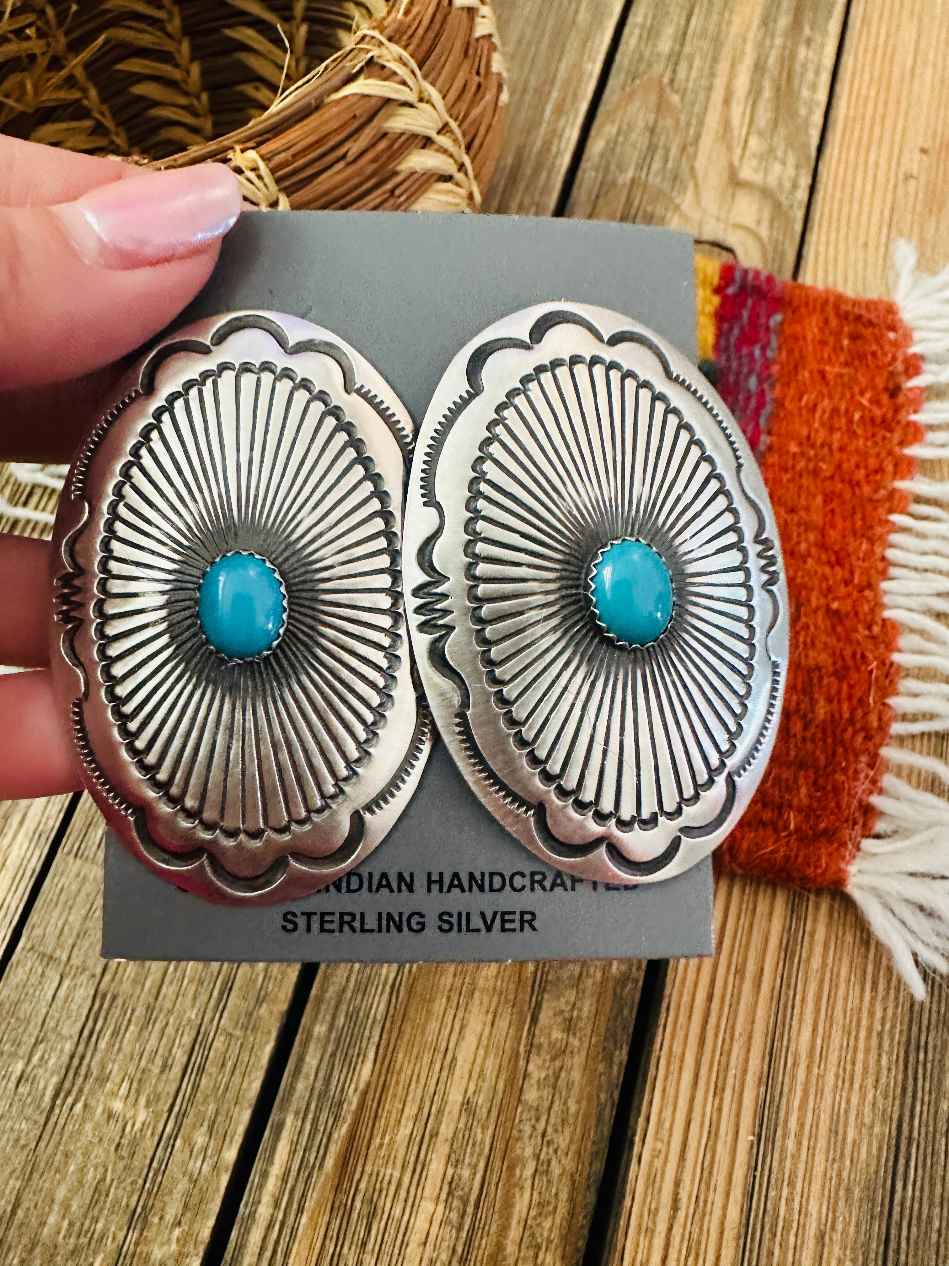 Handcrafted Turquoise & Sterling Silver Concho Post Earrings by Leander Tahe