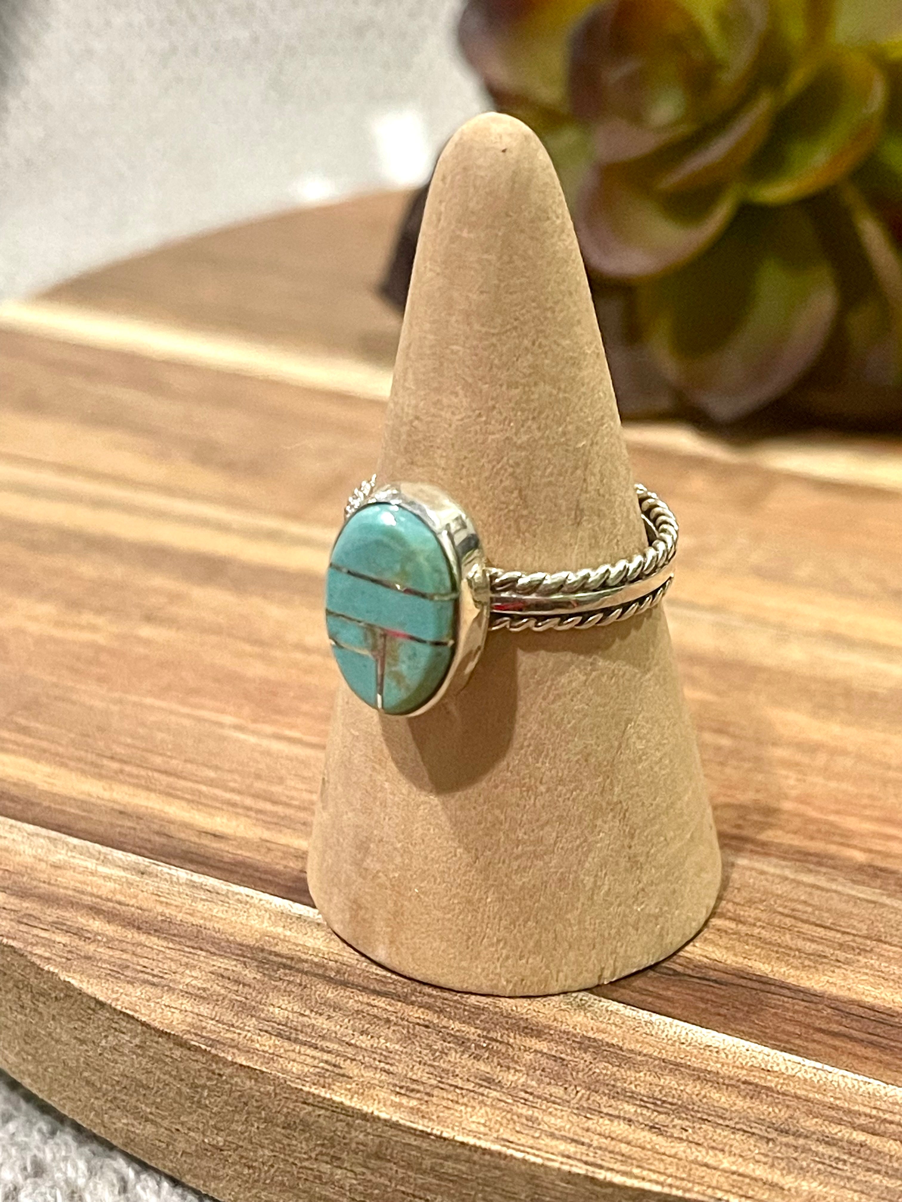 Navajo Turquoise & Sterling Silver Inlay Ring Size 9