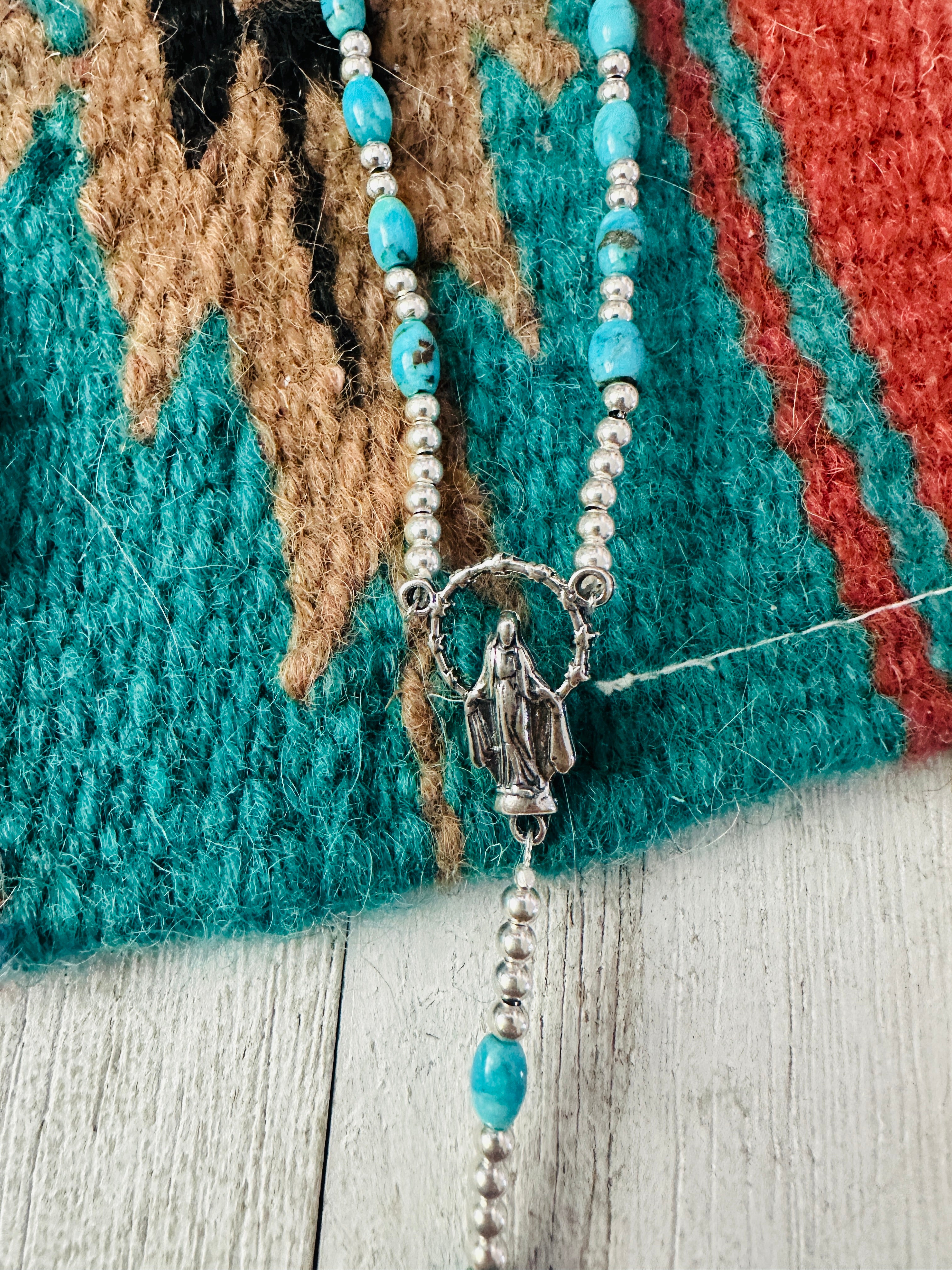 Handcrafted Turquoise Sterling Silver Beaded Rosary Necklace