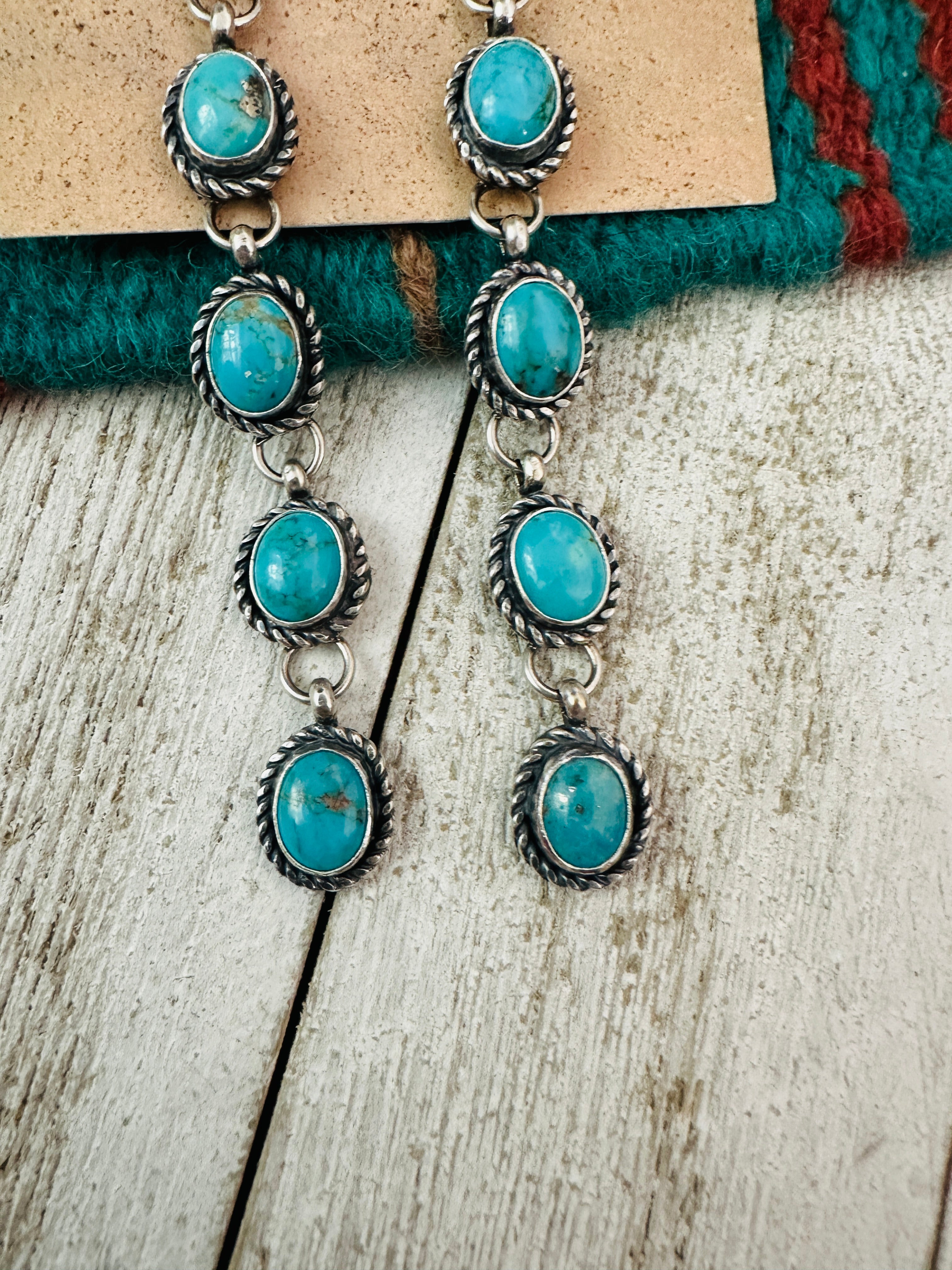 Navajo Turquoise And Sterling Silver Drop Dangle Earrings